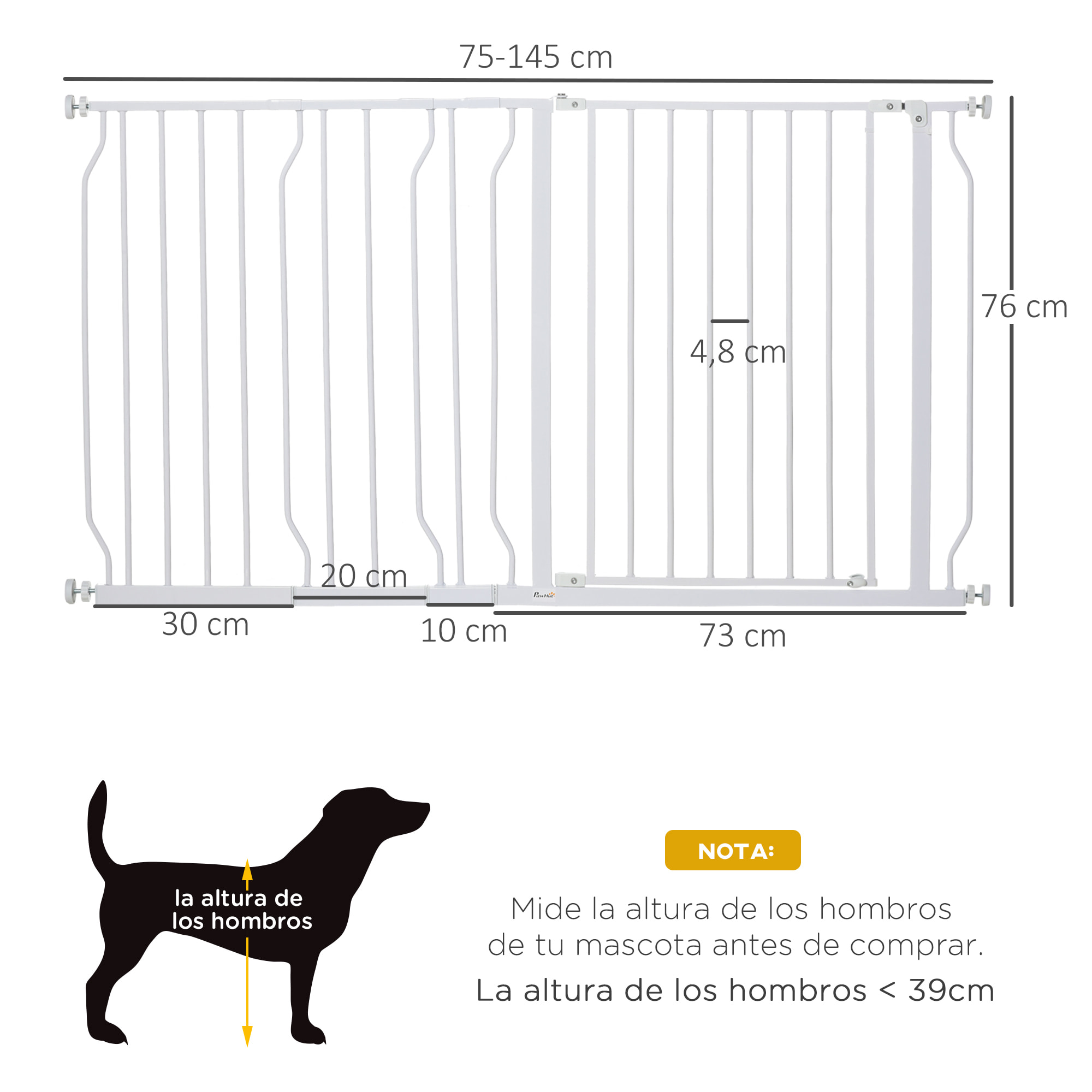 Barrera de Seguridad de Perros Extensible para Escaleras y Puertas 75-145 cm con 3 Extensiones de 10/20/30 cm Montaje a Presión Acero Altura 76 cm Blanco