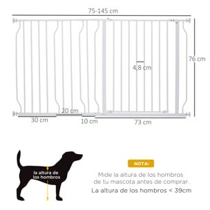 Barrera de Seguridad de Perros Extensible para Escaleras y Puertas 75-145 cm con 3 Extensiones de 10/20/30 cm Montaje a Presión Acero Altura 76 cm Blanco