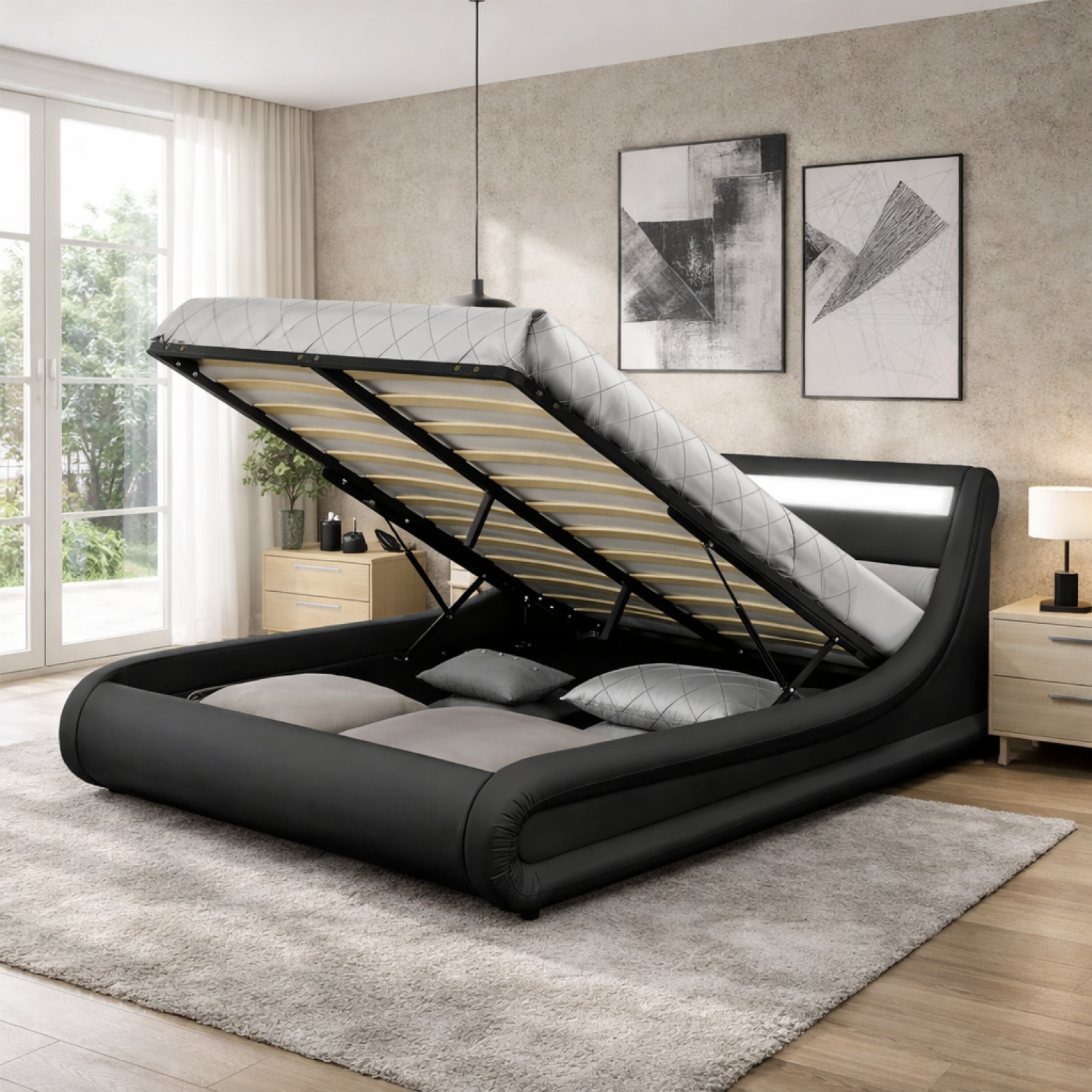 CHANA Lit coffre avec LED 140 x 190 cm noir