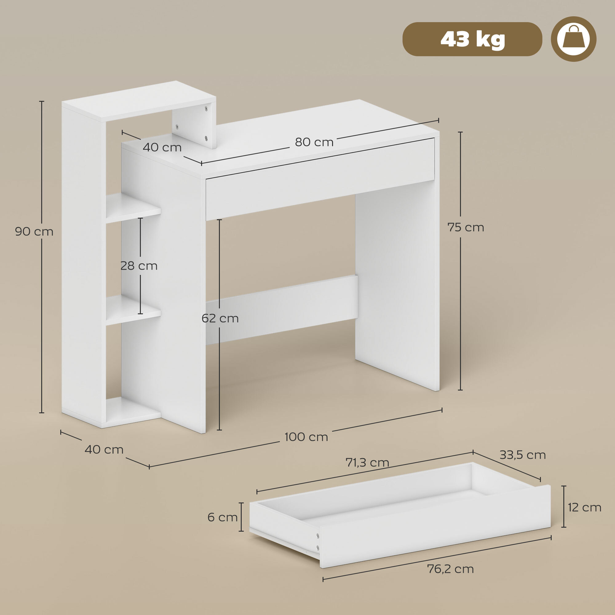 Bureau compact multi-rangement 100 x 40 x 90 cm blanc