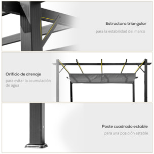 Pérgola de Jardín 3x3 m con Techo Retráctil, Cenador de Jardín con Protección UPF30+, Orificios de Drenaje, Estructura de Aluminio, Pabellón para Patio, Terraza, Exterior, Gris Oscuro