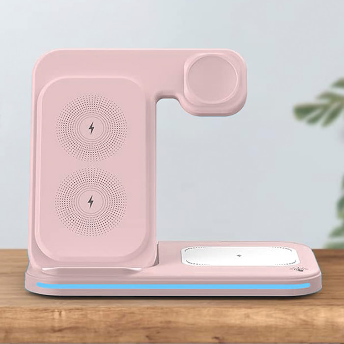 DAM Base de carga inalámbrica plegable 3 en 1. Base Qi 15W doble posición, cargador de Apple Watch y base Qi. Con luz ambiental. Función stand. 15x8,5x11 Cm. Color: Rosa