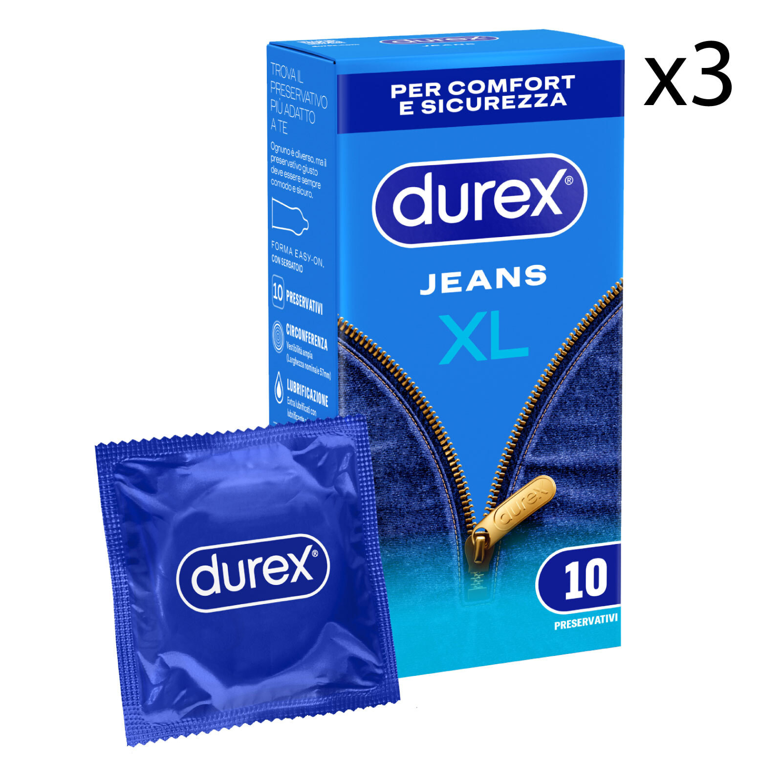 3x Preservativi Durex Jeans XL Extra Large con Forma Easy On - 3 Confezioni da 10 Profilattici