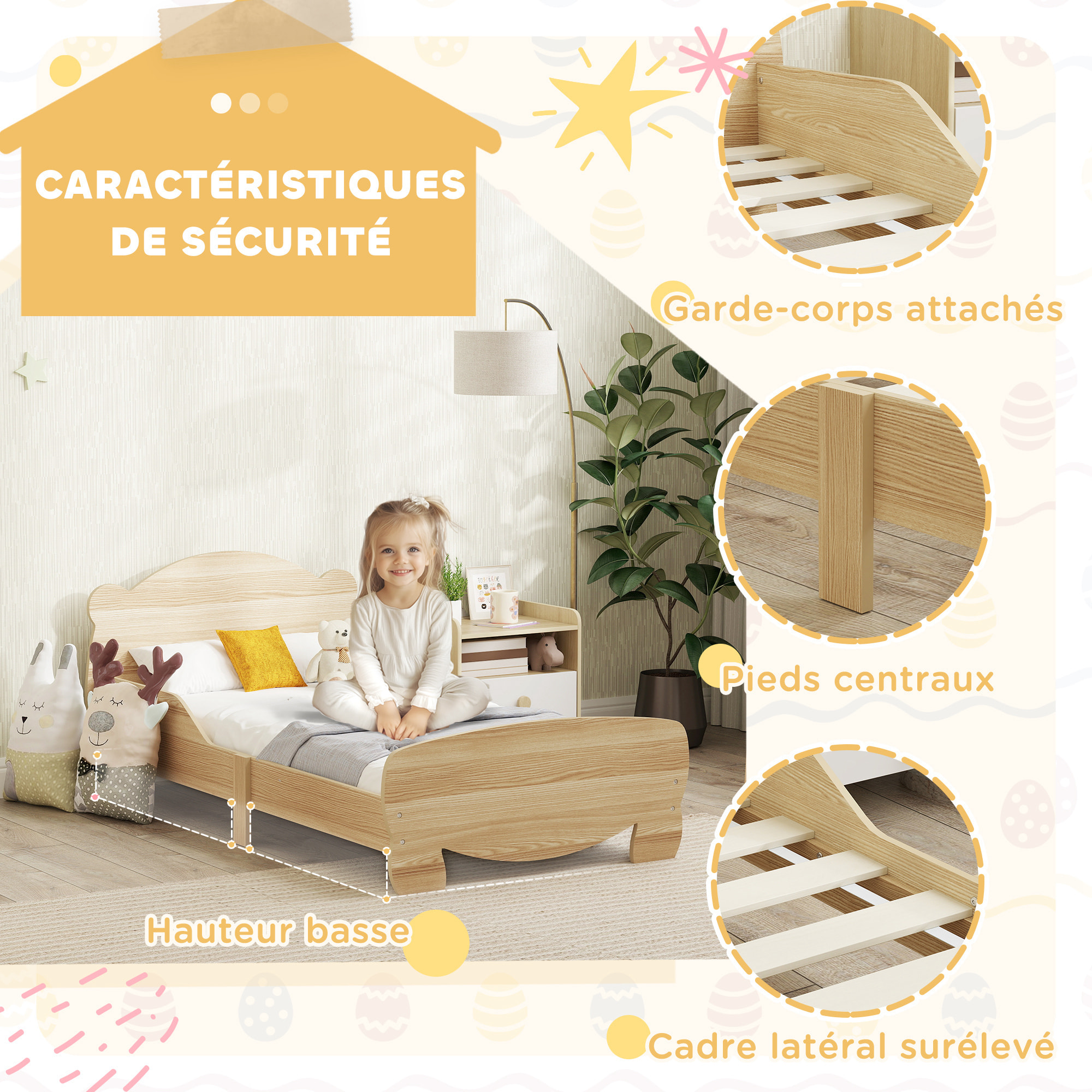 Lit pour enfant 3-6 ans design ourson - sommier à lattes inclus - barrières de sécurité - effet bois naturel