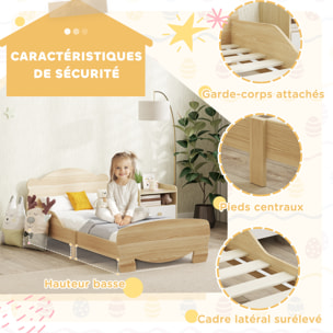 Lit pour enfant 3-6 ans design ourson - sommier à lattes inclus - barrières de sécurité - effet bois naturel