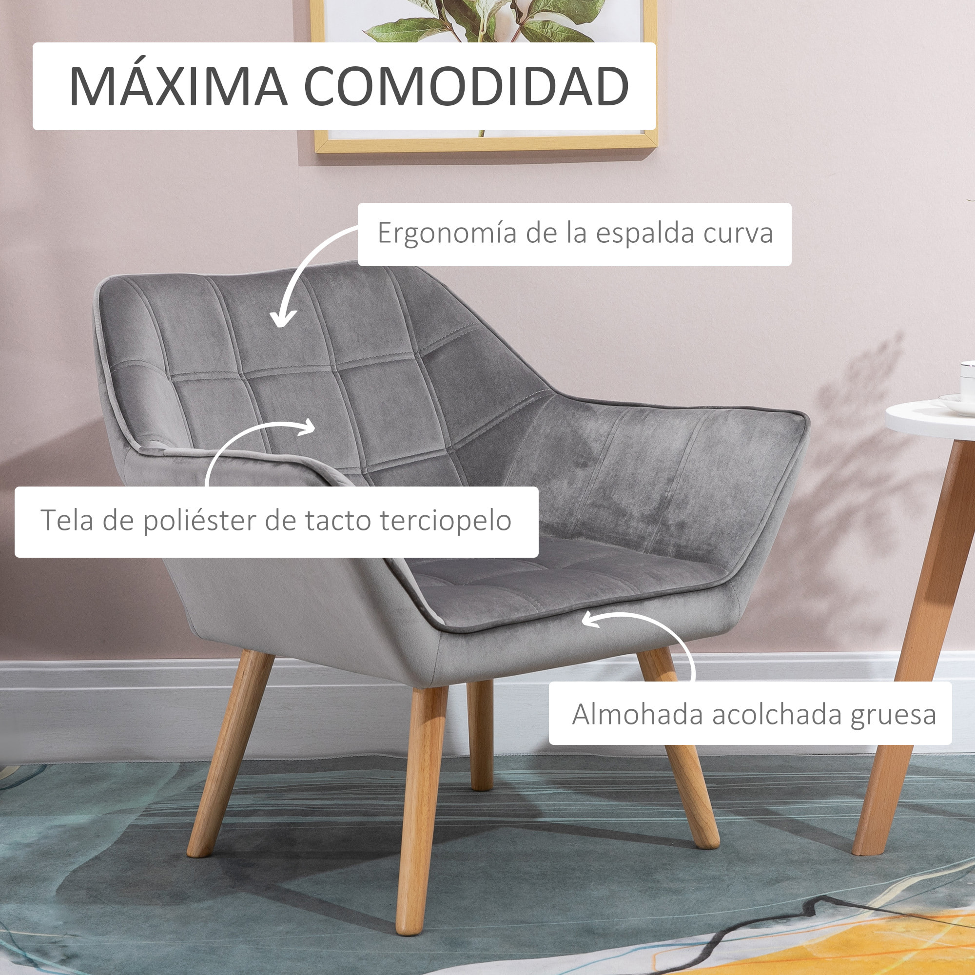 Butaca de Salón Moderna, Sillón Lectura Tapizado en Terciopelo con Asiento Ancho, Patas de Madera, Fácil Montaje, Sillón Relax para Sala de Estar, Dormitorio y Balcón, Gris