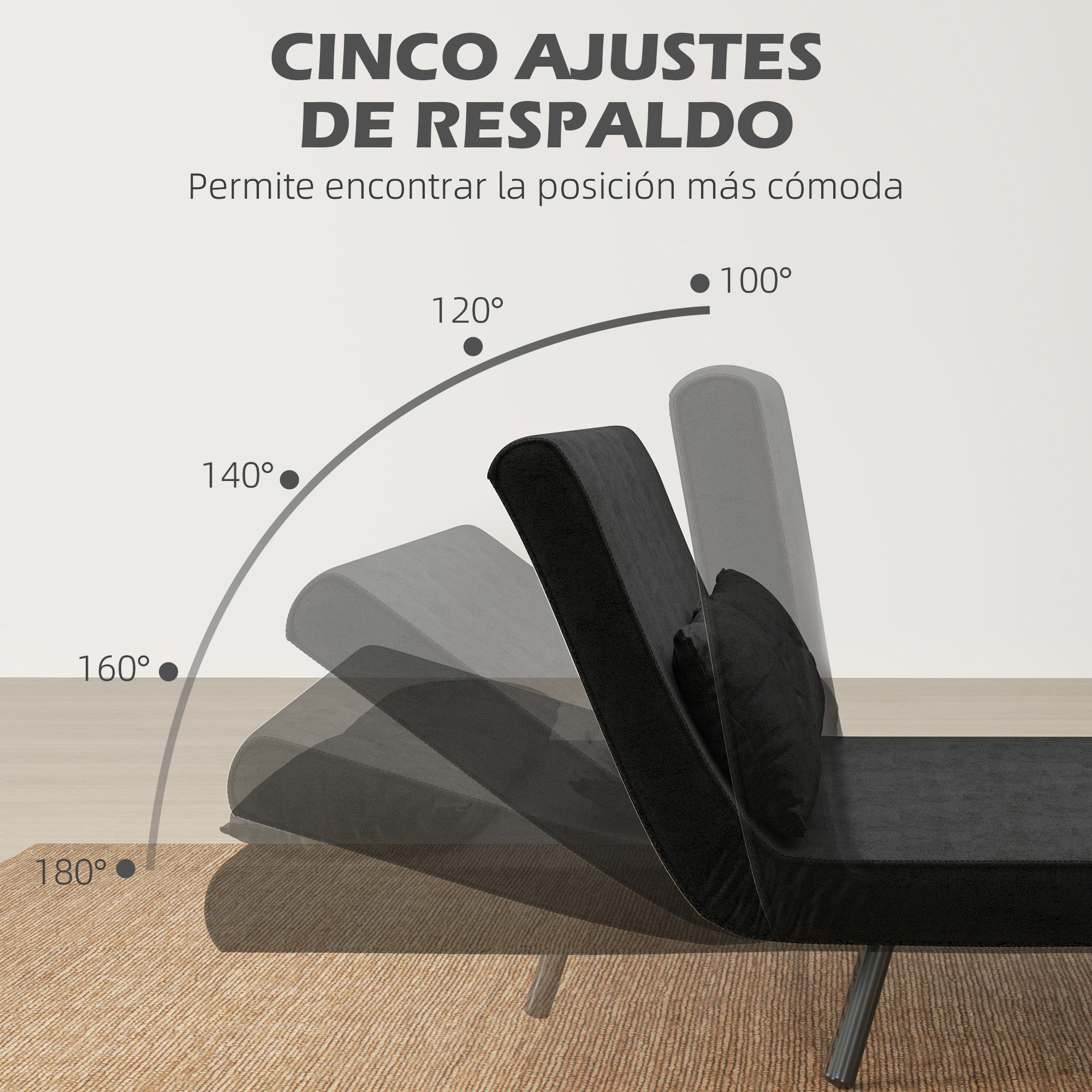 Sofá Cama de 2 Plazas 4 en 1, Sofá Cama Plegable Tapizado en Terciopelo con Respaldo Ajustable de 5 Niveles y Almohadas Acolchadas, para Oficina, Dormitorio, Salón, 102x73x81 cm, Negro