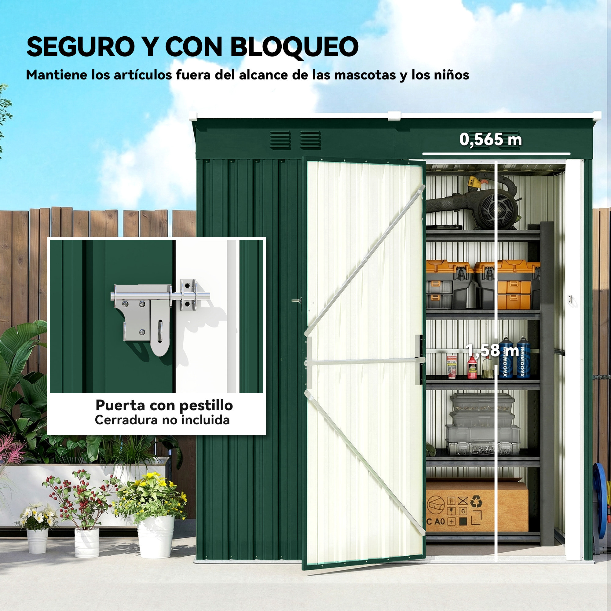 Caseta de Jardín Exterior 1,37 m², 163x90x179 cm, Cobertizo de Jardín Exterior Metálico con Puerta con Pestillo y Ranuras de Ventilación, para Almacenamiento de Herramientas, Verde