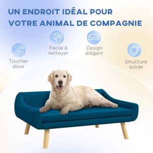 Canapé chien lit pour chien design scandinave - coussin moelleux déhoussable, pieds bois - velours bleu canard