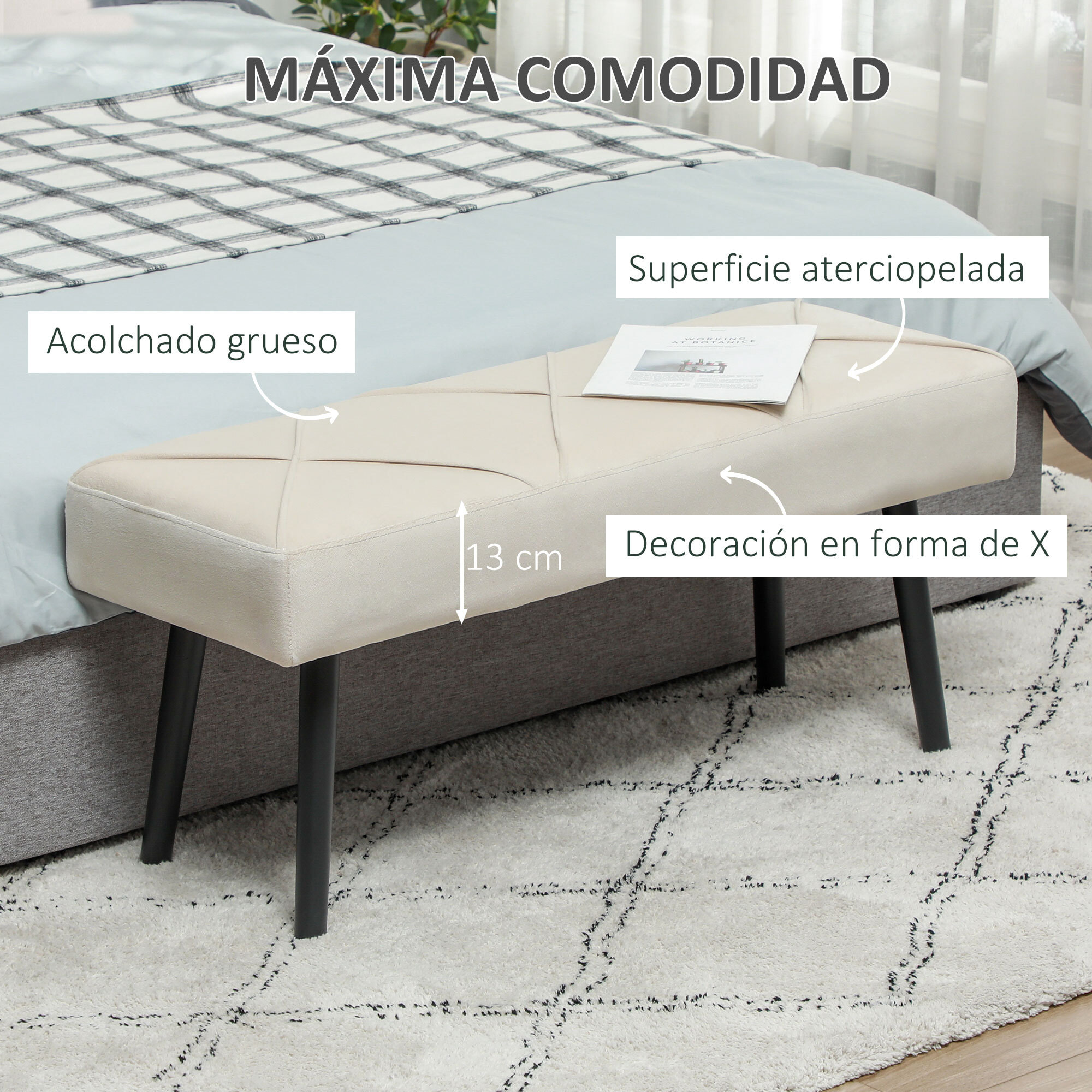 Taburete Pie de Cama Multifuncional, Banco Pie de Cama Moderno, Banco Dormitorio con Asiento Acolchado y Patas de Acero, Carga 120 kg, para Entrada, Pasillo, Salón, 100x36x45 cm, Blanco Crema