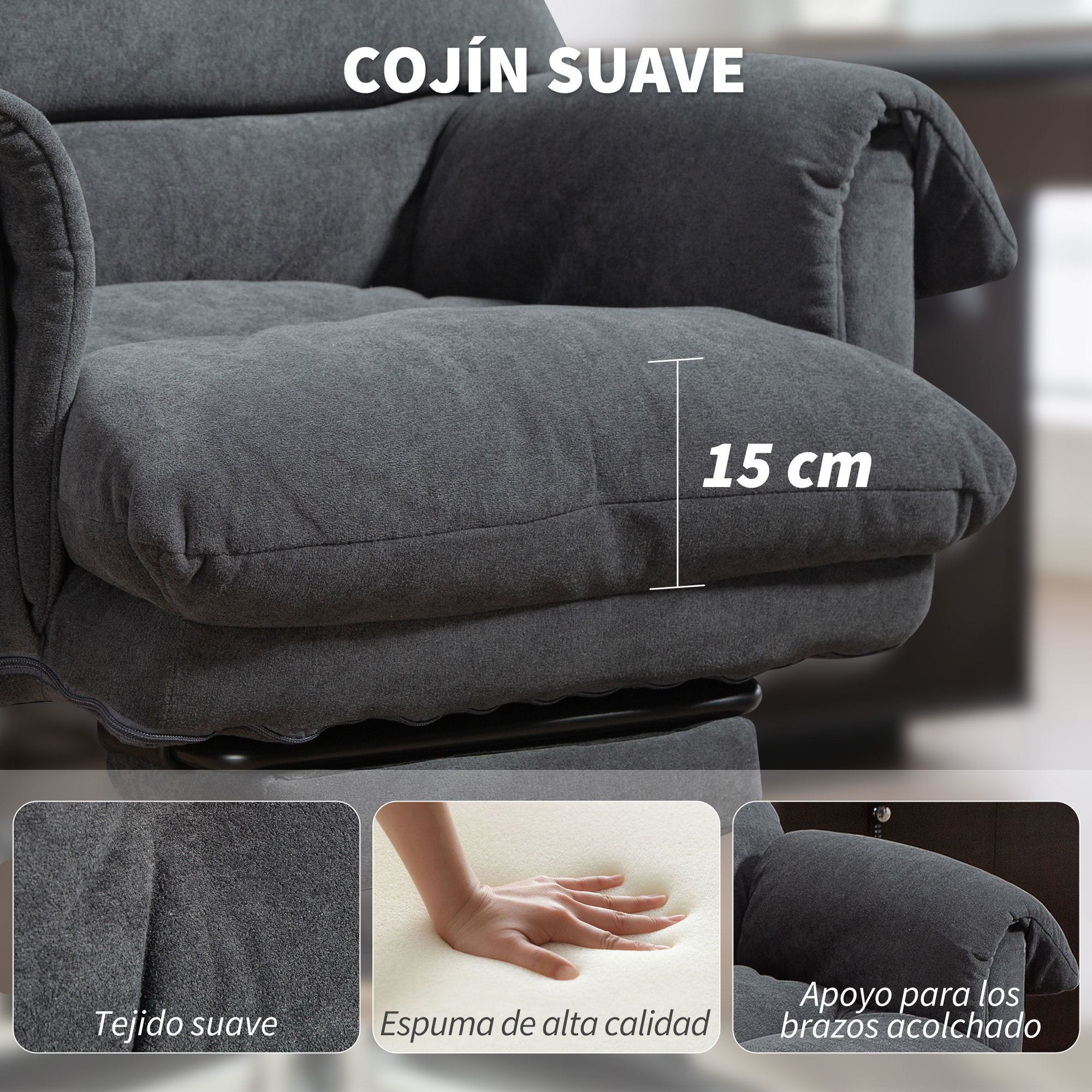 Silla de Escritorio con Reposapiés, Silla de Oficina Giratoria, con Respaldo Reclinable y Alto, Asiento y Reposabrazos Anchos, Acolchado Grueso, Tapizada en Terciopelo, Altura Ajustable, Gris