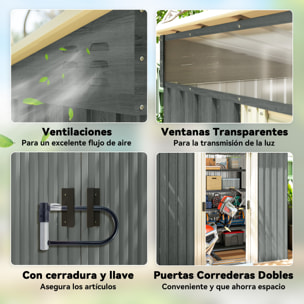 Caseta de Jardín Exterior 2 m² 195x122x181,5 cm Cobertizo de Jardín Exterior Metálica con Base SIN SUELO 2 Puertas Correderas Ventanas y Ganchos para Herramientas Gris Claro