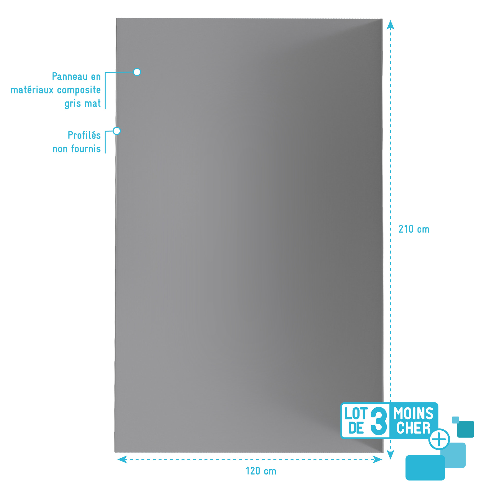 LOT de 3 Panneaux Muraux pour salle de bains en Aluminium Gris - 120x210cm - WALL'IT