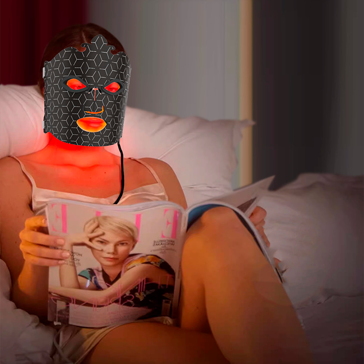 Maschera facciale in silicone per trattamento con luce LED con 7 colori, 5 livelli di intensità e telecomando.