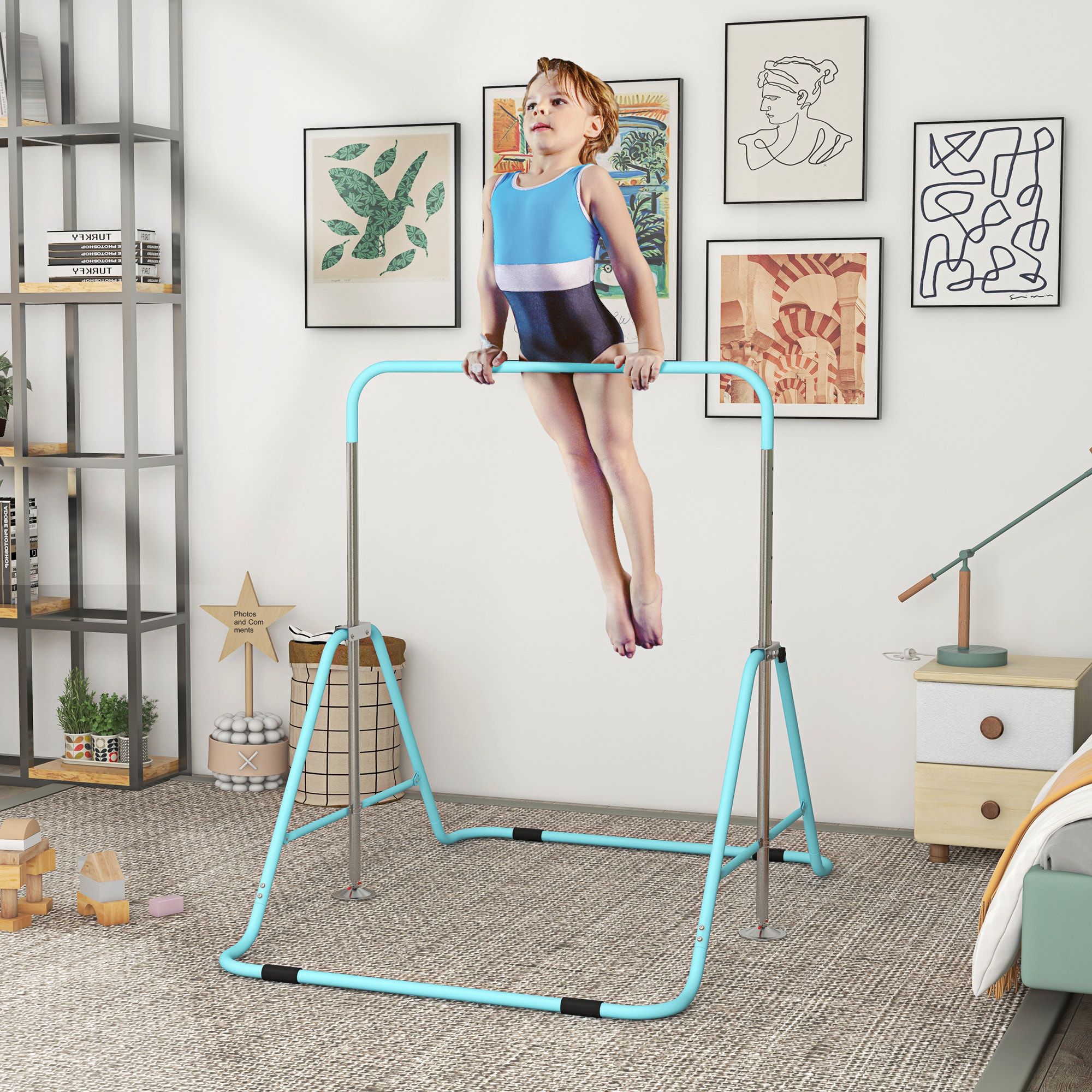 Barra de Gimnasia Artística, Barra Horizontal Plegable, Altura Ajustable, Equipo de Gimnasia para Entrenamiento en Casa, para Niños y Niñas, Azul Celeste