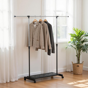 Tendedero Extensible con Ruedas, Tendedero de Ropa con Barra de Acero Inoxidable y Estante para Zapatos, Altura Ajustable, para Interior, Negro y Plata