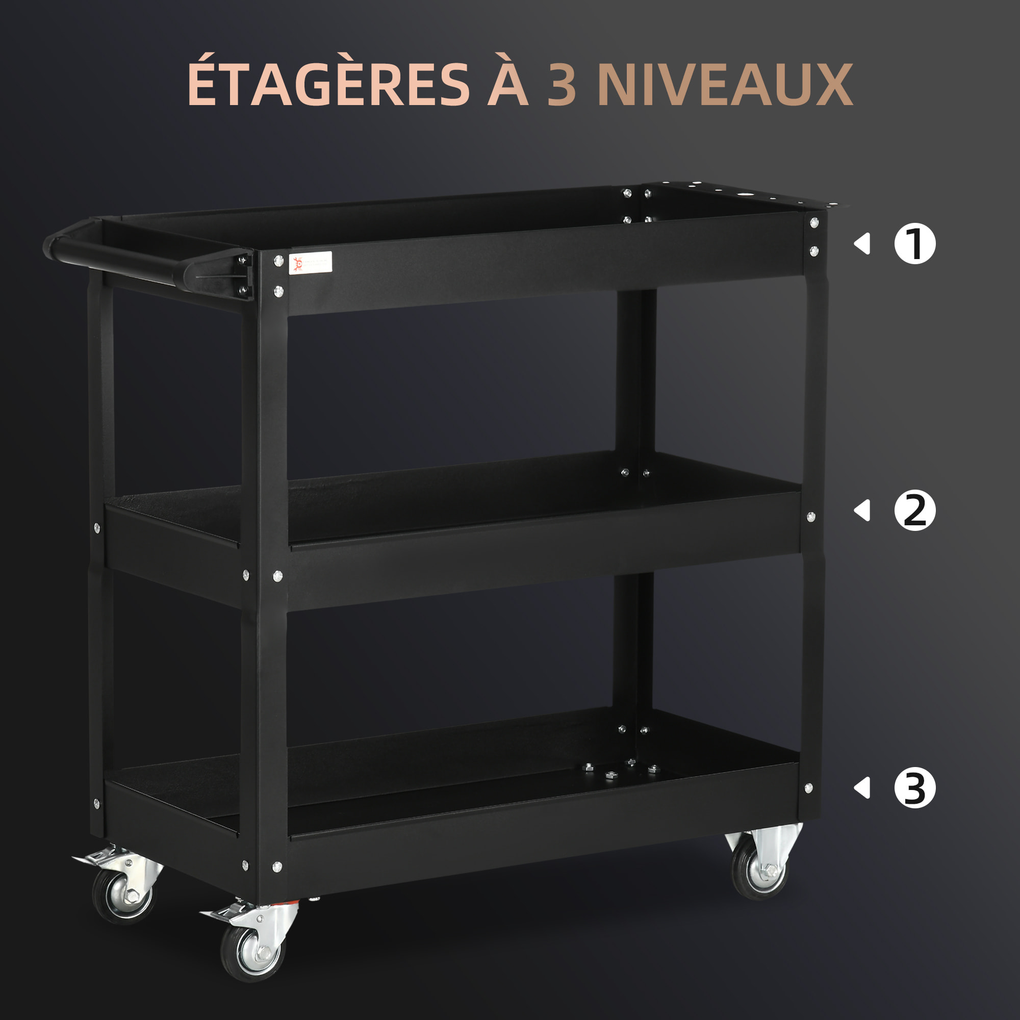 Chariot desserte d'atelier acier 3 plateaux sur roulettes avec poignée - charge max. 150 kg - 78,8 x 35,3 x 72 cm noir