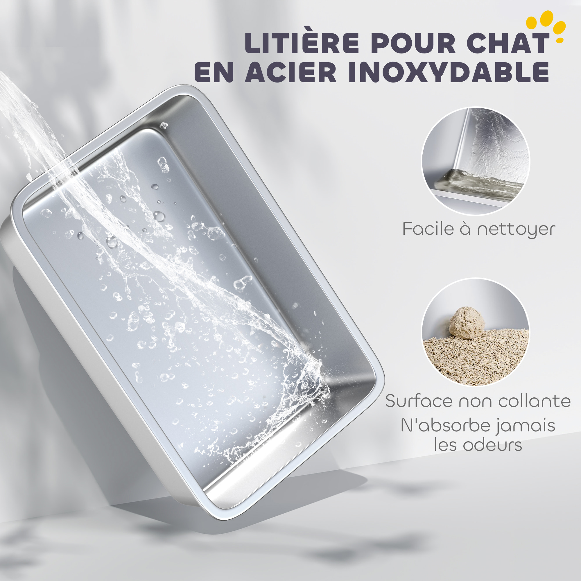 Maison de toilette XL bac litière acier inox tapis pelle gris clair