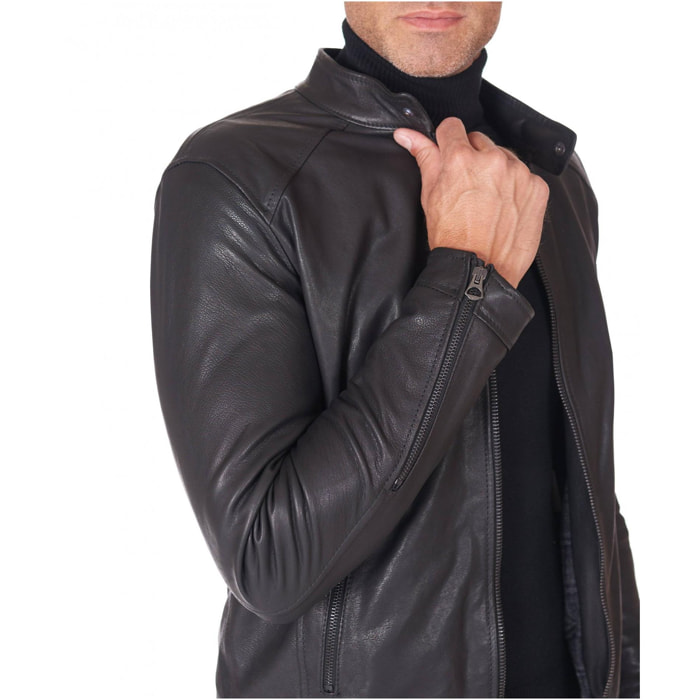 Giubbotto biker in pelle naturale nera collo coreana