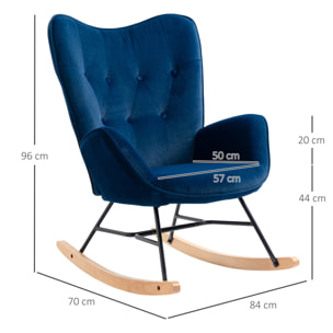 Fauteuil à bascule oreilles rocking chair grand confort accoudoirs assise dossier garnissage mousse haute densité aspect velours bleu