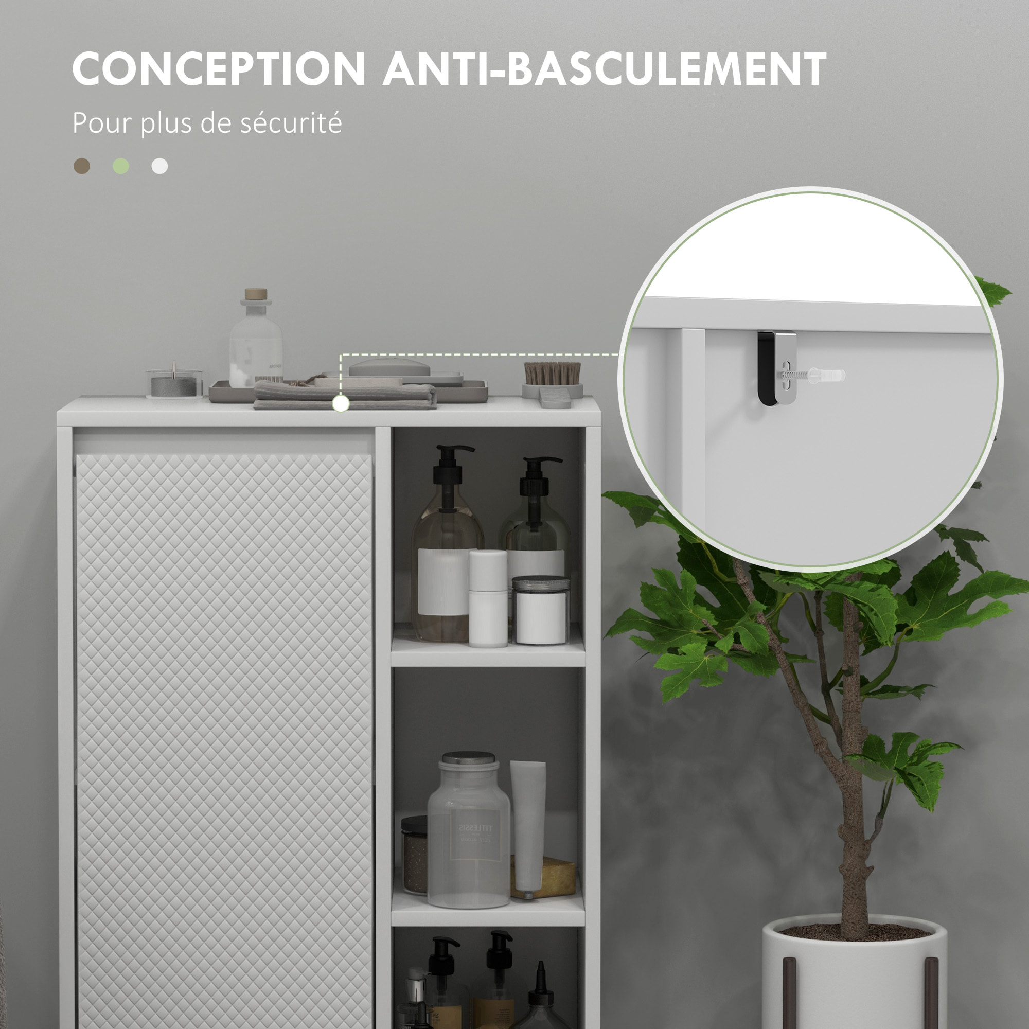 Meuble bas salle de bain design contemporain porte étagère 3 niches blanc