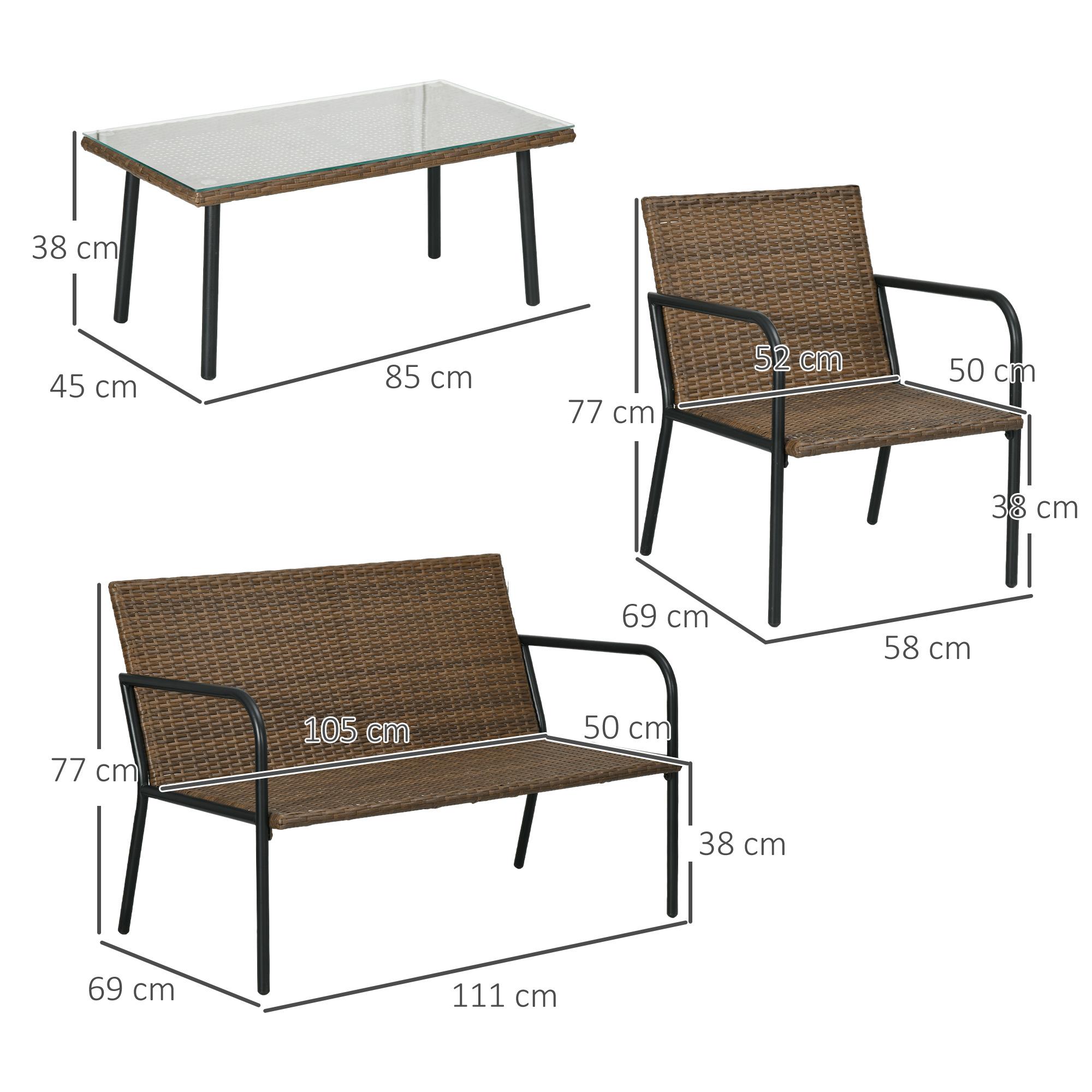 Conjunto de Jardín de Ratán Sintético Juego de 4 Piezas Muebles de Jardín con 2 Sofás Individuales 1 Sofá de 2 Plazas y 1 Mesa de Vidrio Templado para Terraza Patio Multicolor