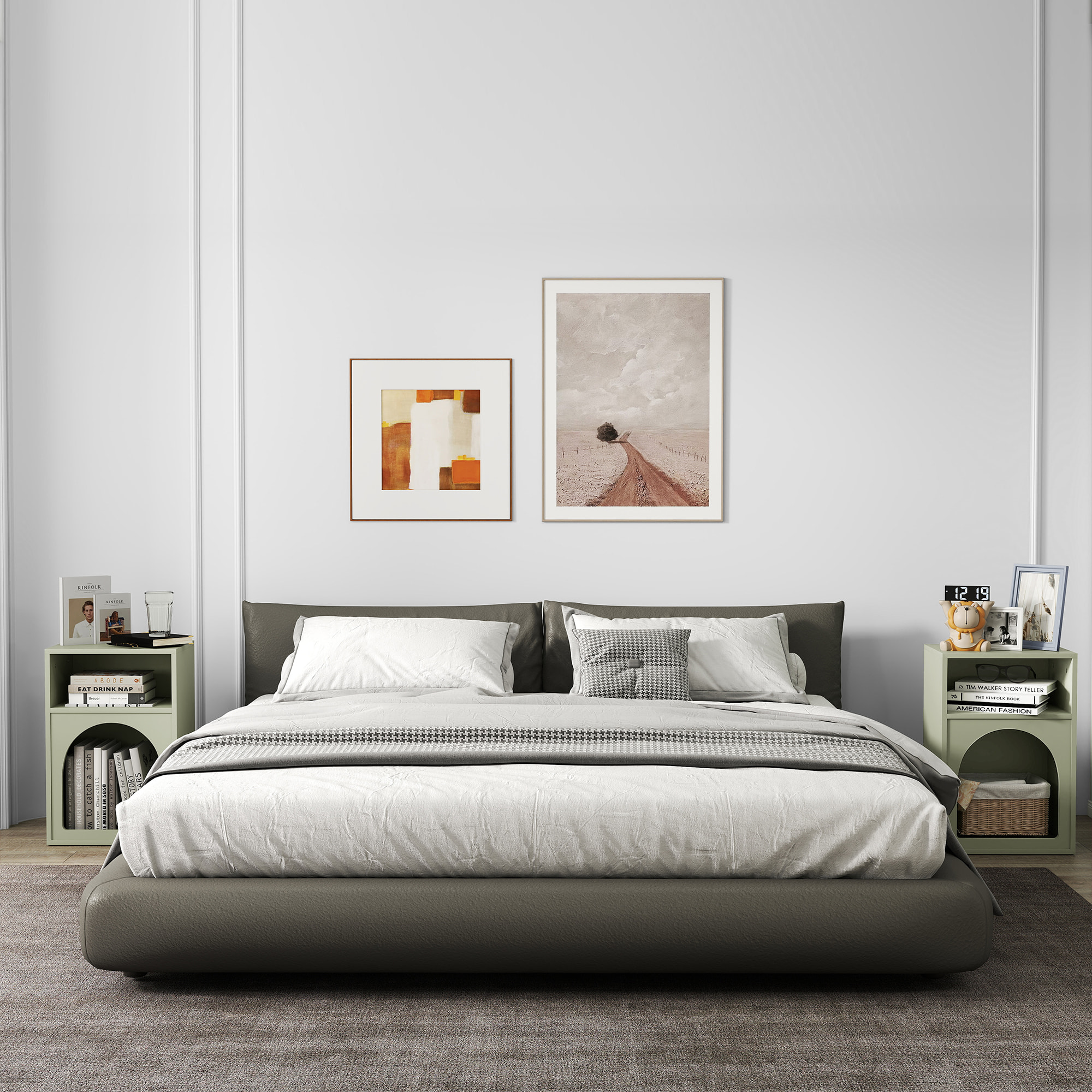 Juego de 2 Mesitas de Noche Modernas Mesillas de Noche Estrechas con 2 Compartimentos Abiertos Diseño en Forma de Arco Mesas Auxiliares para Salón Dormitorio 40x30x60 cm Verde Claro