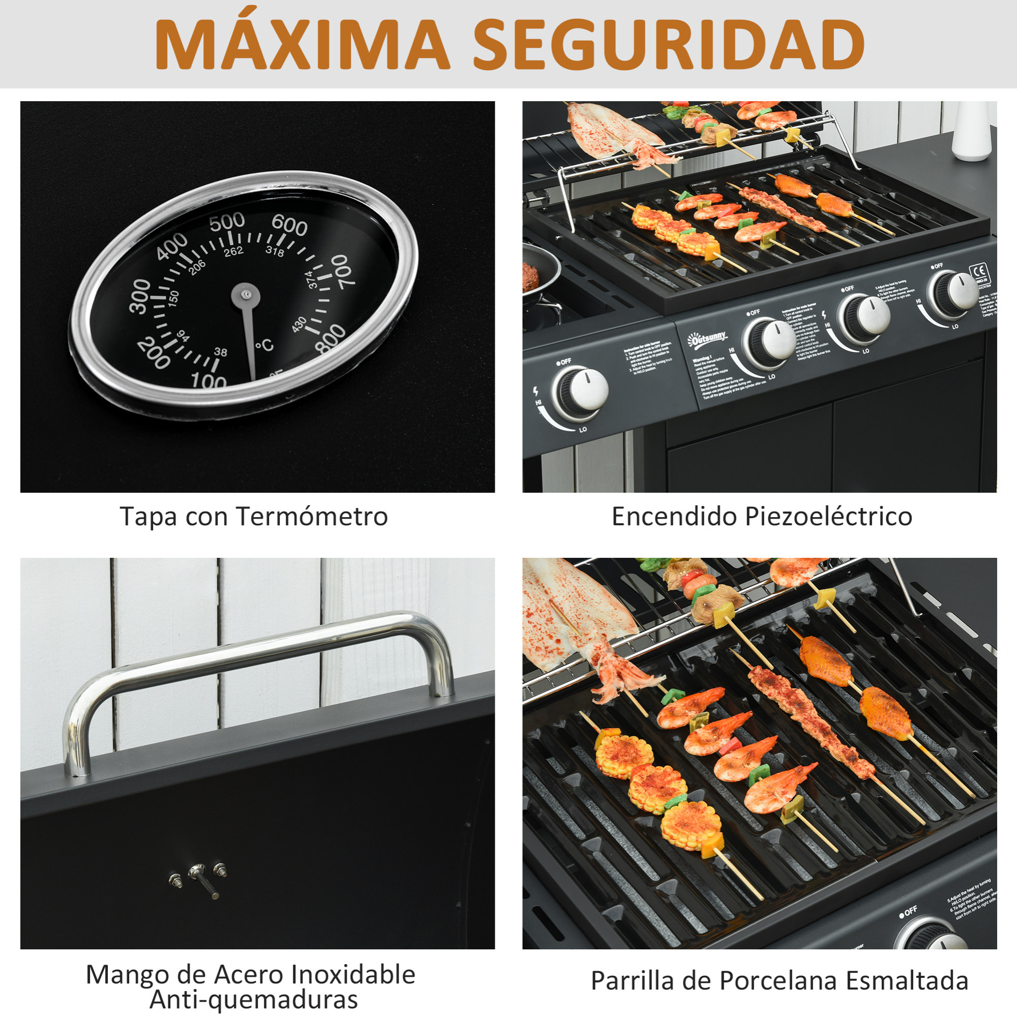 Barbacoa de Gas BBQ con Ruedas Parrilla 3+1 Quemadores 11,6 KW 2 Mesas Laterales