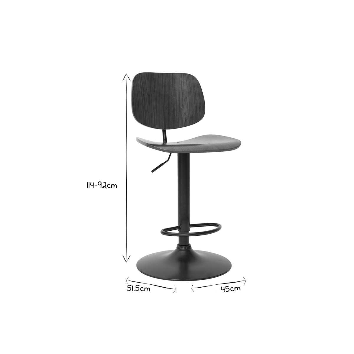 Tabouret de bar relevable noyer et métal noir TOBIAS