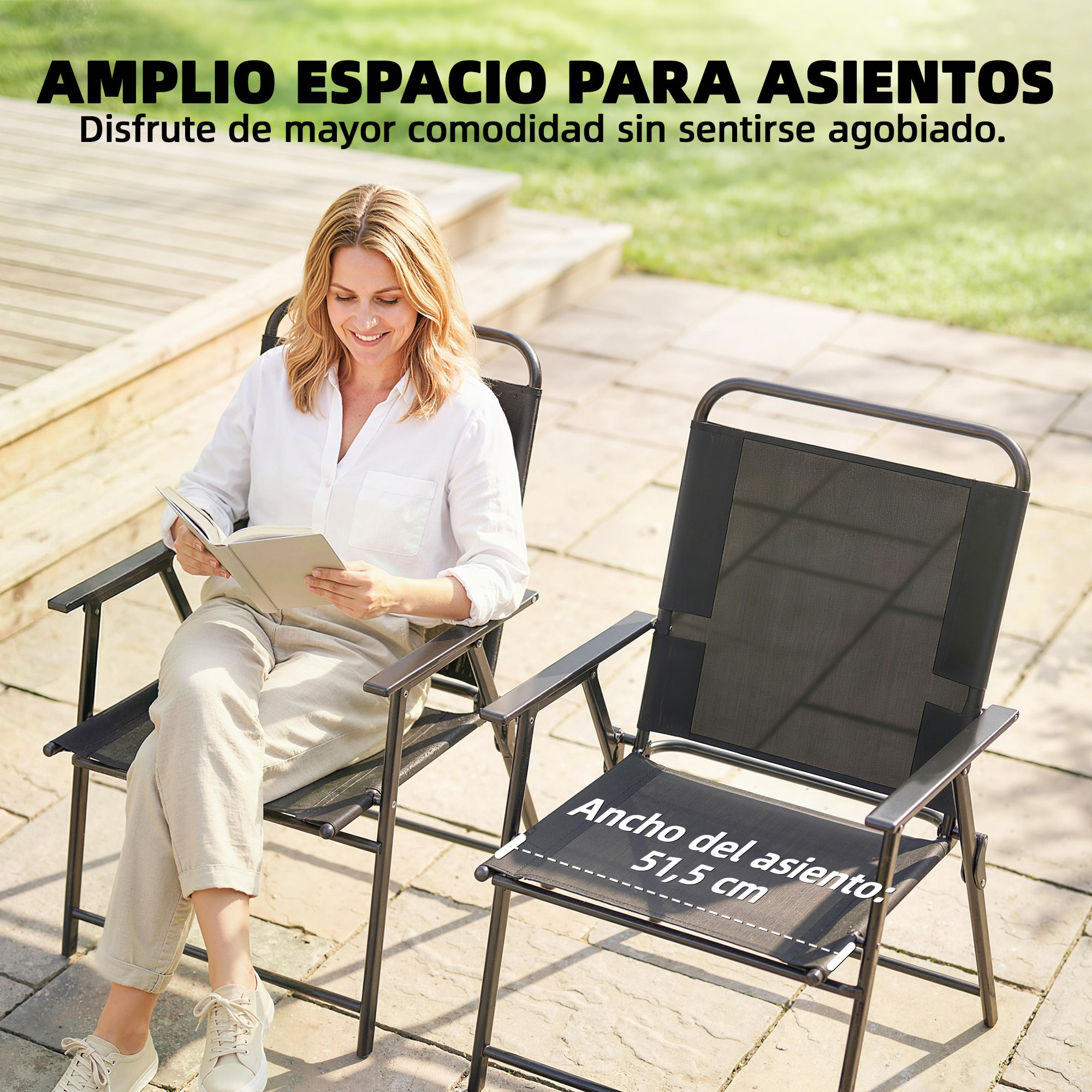 Pack de 4 Sillas de Camping Plegables, Sillas de Jardín Exterior con Respaldo Alto, Asiento Ancho y Reposabrazos, Tela Textilene Transpirable y Marco de Acero para Terraza, 65x60x94 cm, Negro