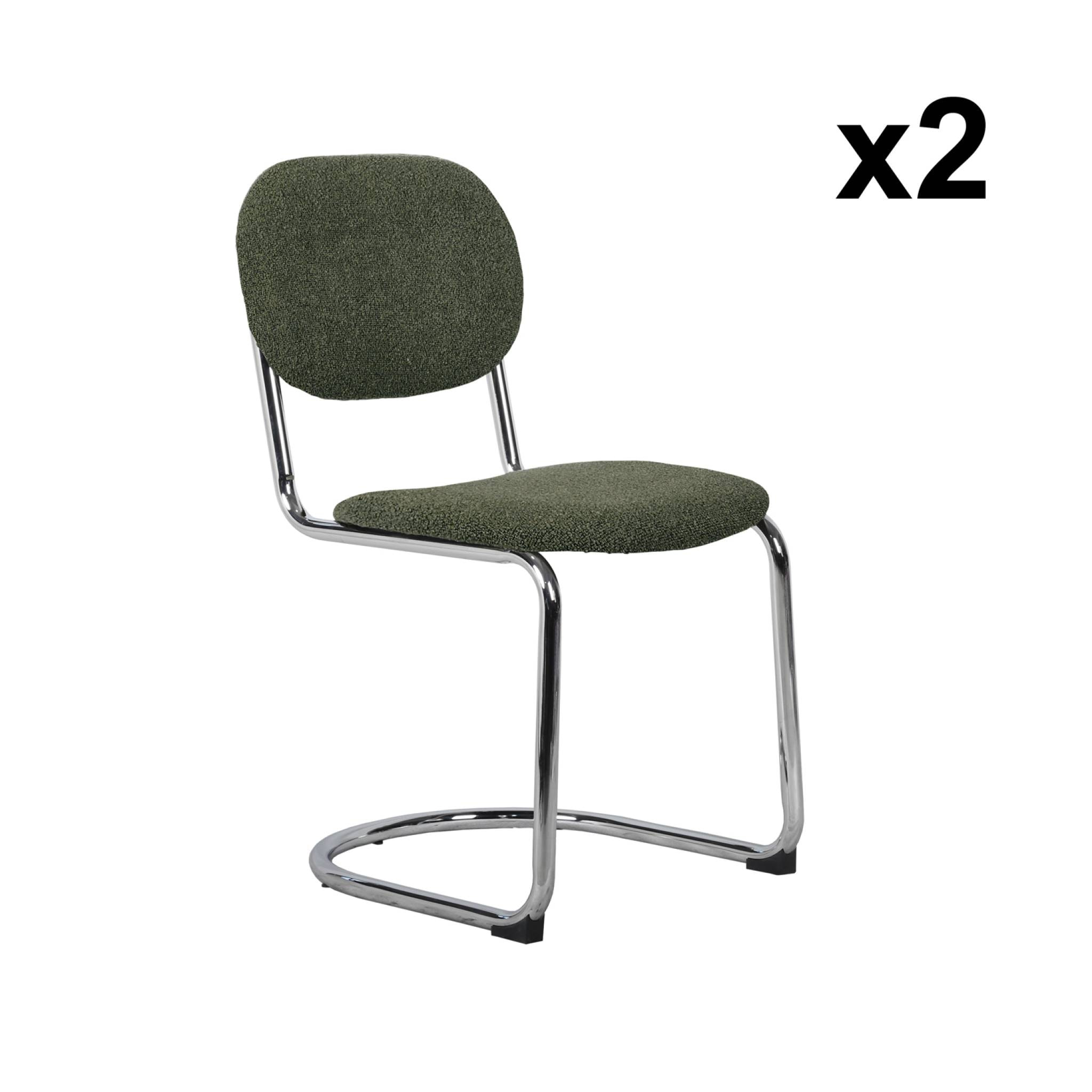 Lot de 2 chaises cantilever arrondie métal. bouclette texturée kaki et pieds chromés - L 47 x P 54.5 x H 81cm - Maloa