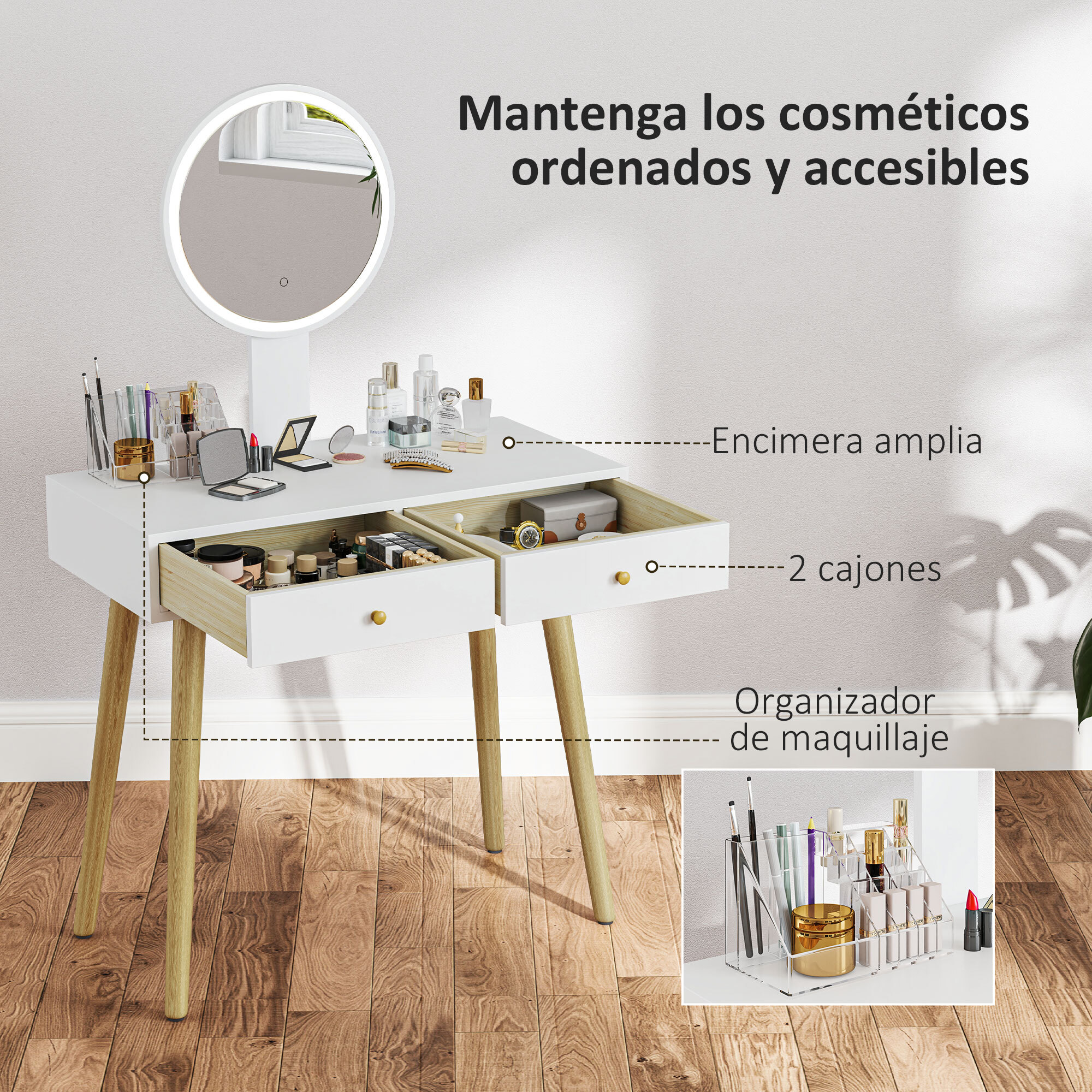 Tocador de Maquillaje con Luz LED y Taburete Mesa de Maquillaje con Espejo Brillo Ajustable 3 Colores 2 Cajones y Organizador Tocador Moderno para Dormitorio 80x43x133 cm Blanco