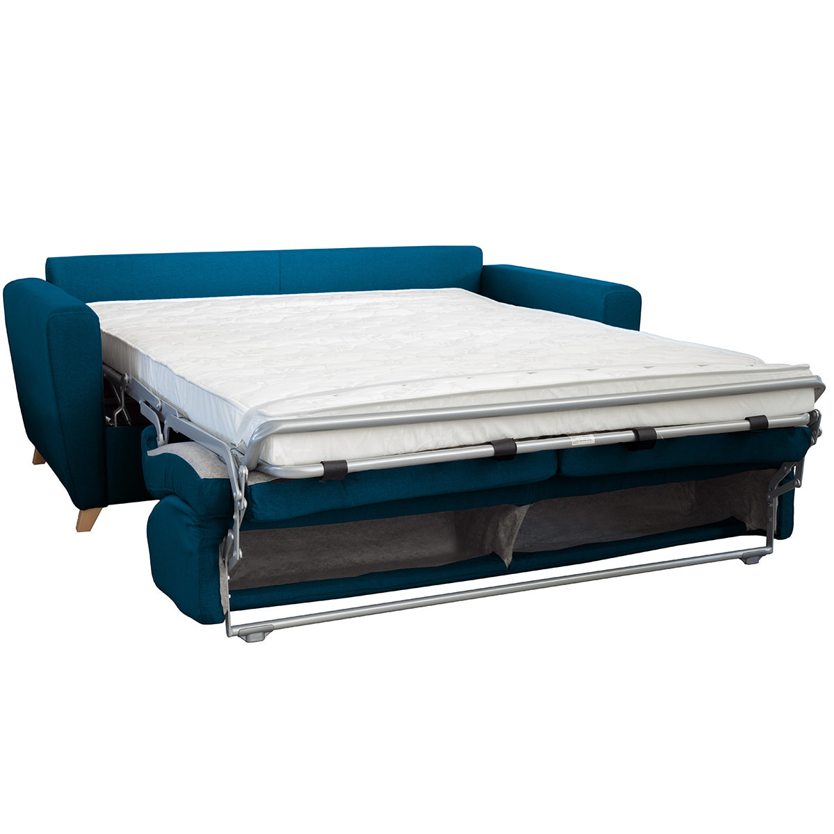 Canapé convertible 3 places en tissu bleu canard et bois clair avec matelas L140 cm 13 cm GRAHAM