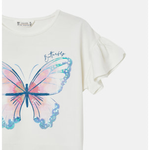 T-shirt stampa farfalla paillettes