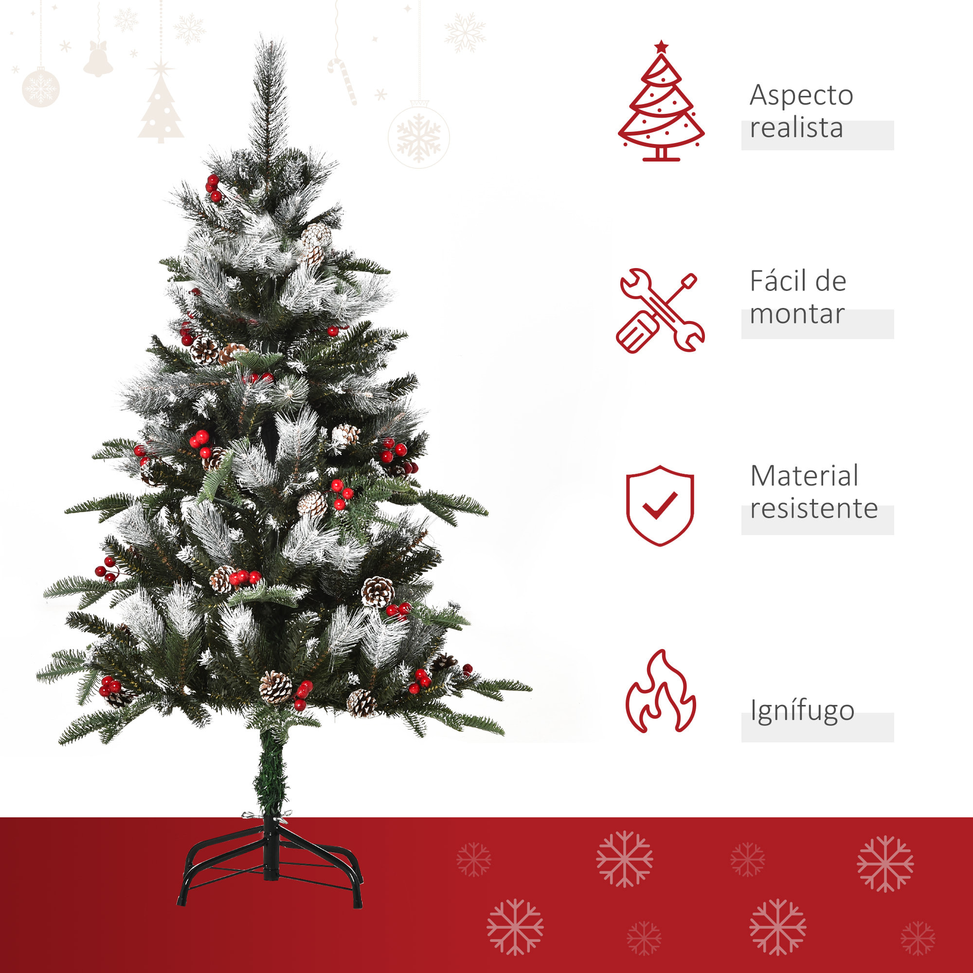 HOMCOM árbol de Navidad Artificial 120 cm con 266 Ramas 27 Piñas y 27 Bayas Hojas de PVC PE Base Plegable y Soporte Metálico Decoración Navideña para Interiores Verde