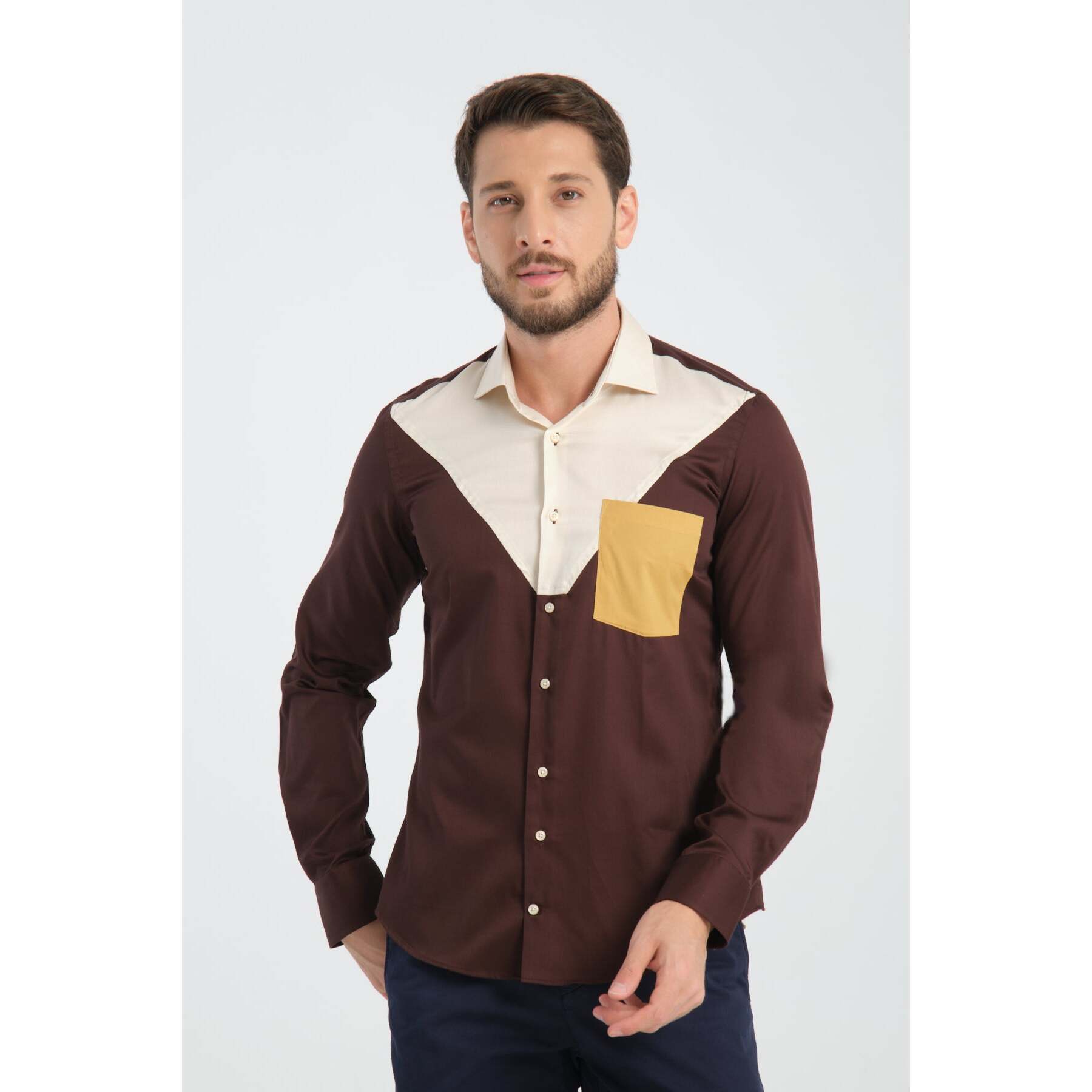 Camicia Uomo 1 Bottone Francese Slim Satin Unito Marrone
