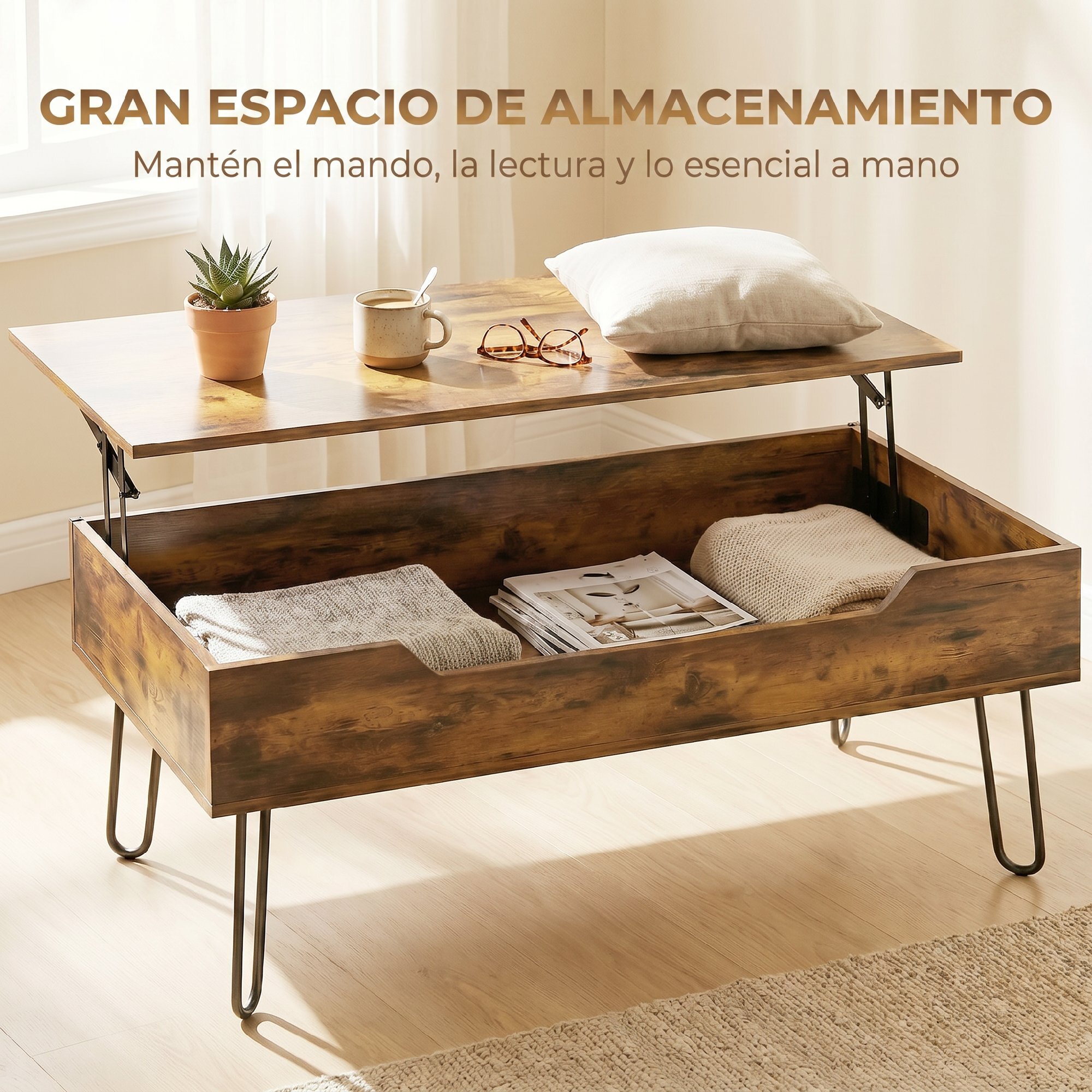 Mesa de Centro Elevable, Mesa de Café para Salón con Compartimento Oculto, Patas de Acero para Sala de Estar, Comedor, 95x50x40 cm, Marrón Rústico