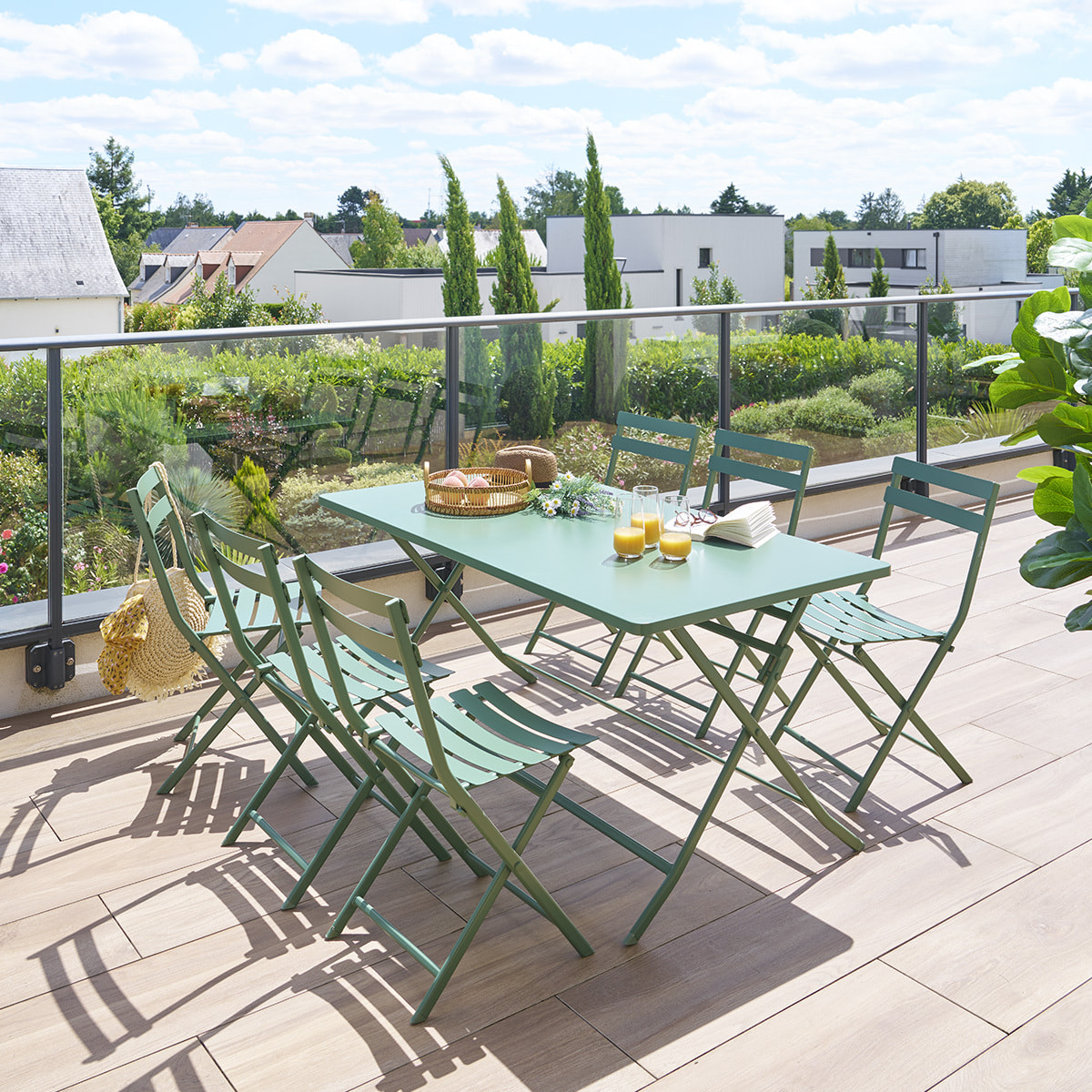 Table de jardin pliante rectangulaire "Greensboro" vert olive 6 places en acier