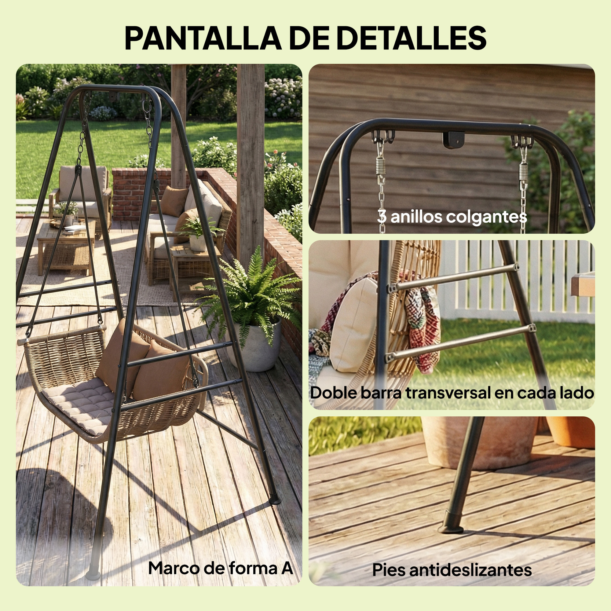 Soporte para Silla Colgante y Hamaca, 183 cm, Soporte para Columpio con Estructura de Acero, Almohadillas Antideslizantes y 2 Mosquetones, para Interior y Exterior, Carga 150 kg, Negro
