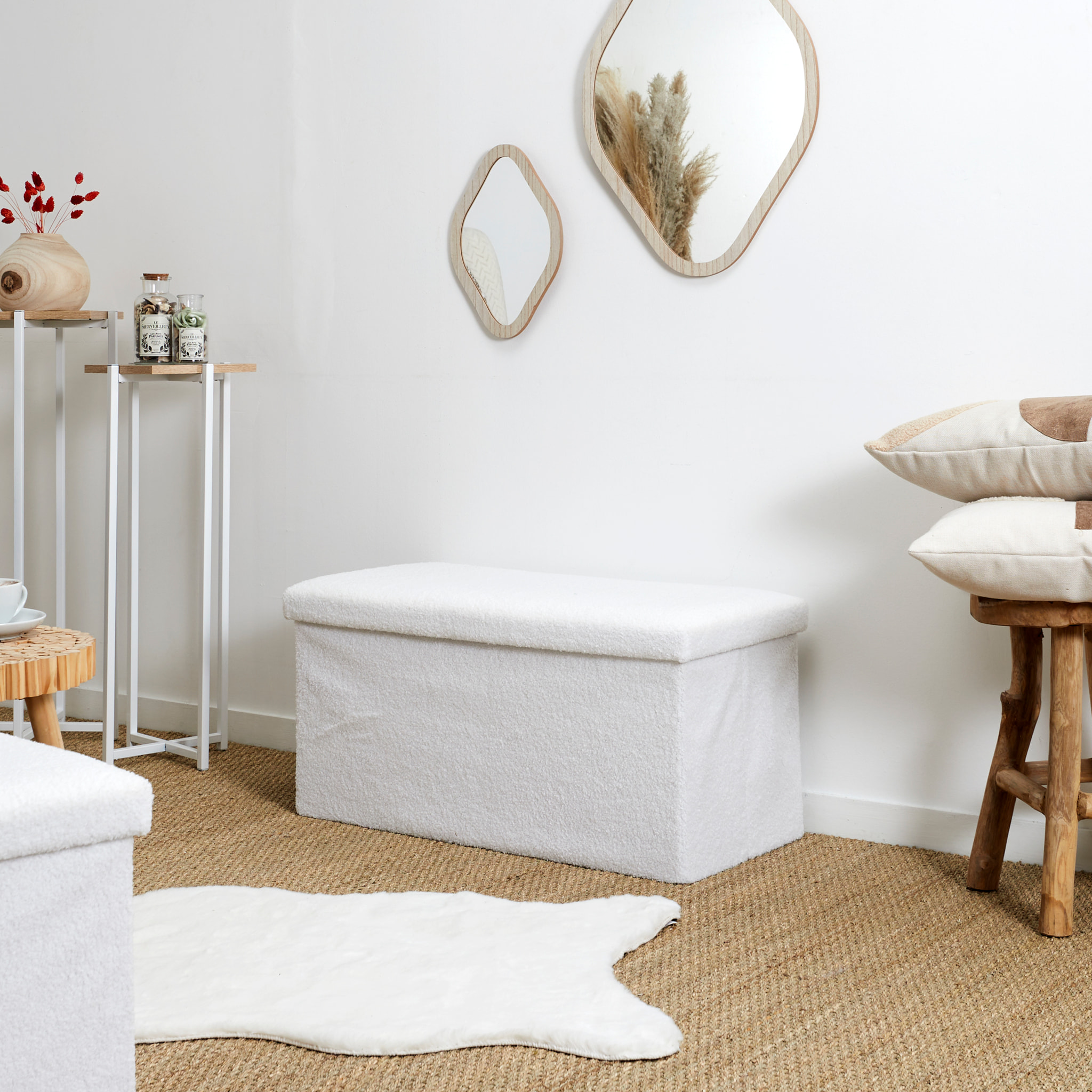 Coffre Banc Pliable Bouclette Blanc