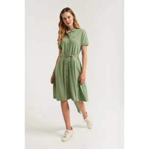 Vestito midi verde con logo ricamato tono su tono