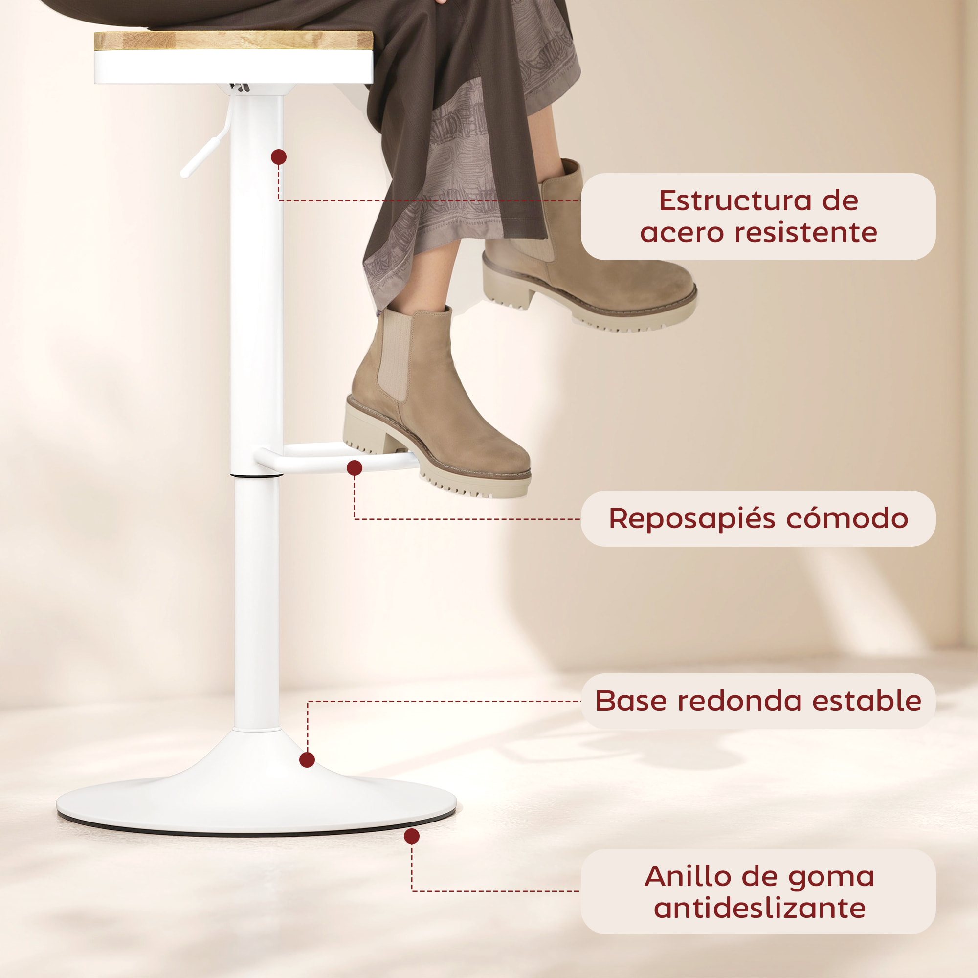Juego de 2 Taburetes de Bar Giratorios Taburetes Altos de Cocina con Altura Ajustable 60-80 cm Asiento de Madera Marco de Acero y Reposapiés para Comedor Mostrador Natural y Blanco
