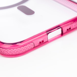 Custodia trasparente con fotocamera coperta e bordi fucsia. Magsafe per iPhone 17 Air.