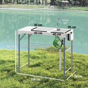 Mesa para Limpiar Pescado Portátil Mesa Plegable para Camping con 2 Fregaderos Manguera de Drenaje Estación de Limpieza y Grifo para Pesca Barbacoa Blanco