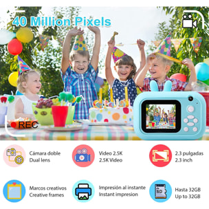 Fotocamera digitale Deer per foto da 40 megapixel e video da 2,5 K per bambini. Stampa istantanea delle tue foto preferite. Doppia fotocamera, per i selfie.