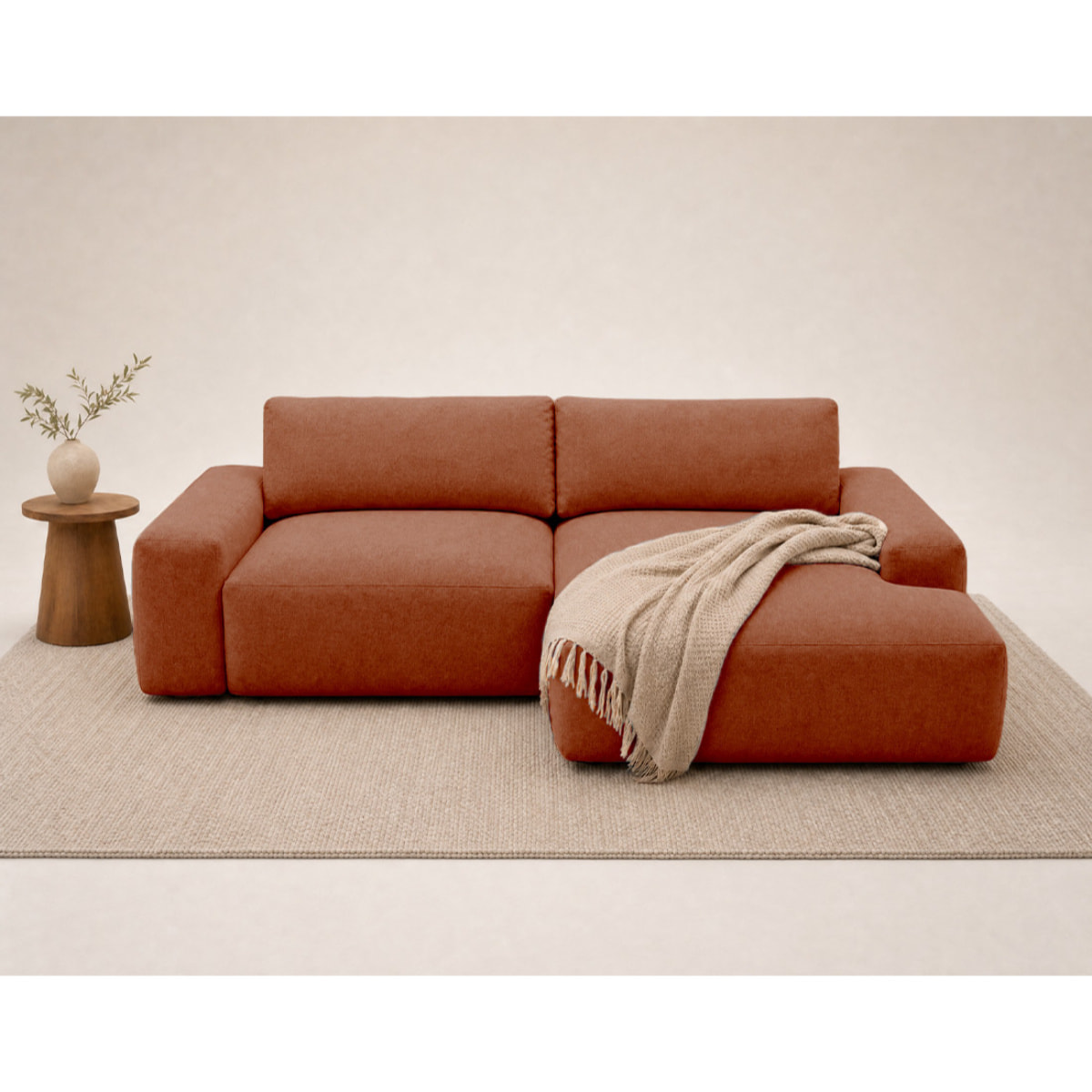 Tama - Canapé d'angle droit 4 places convertible avec coffre en tissu - Terracotta