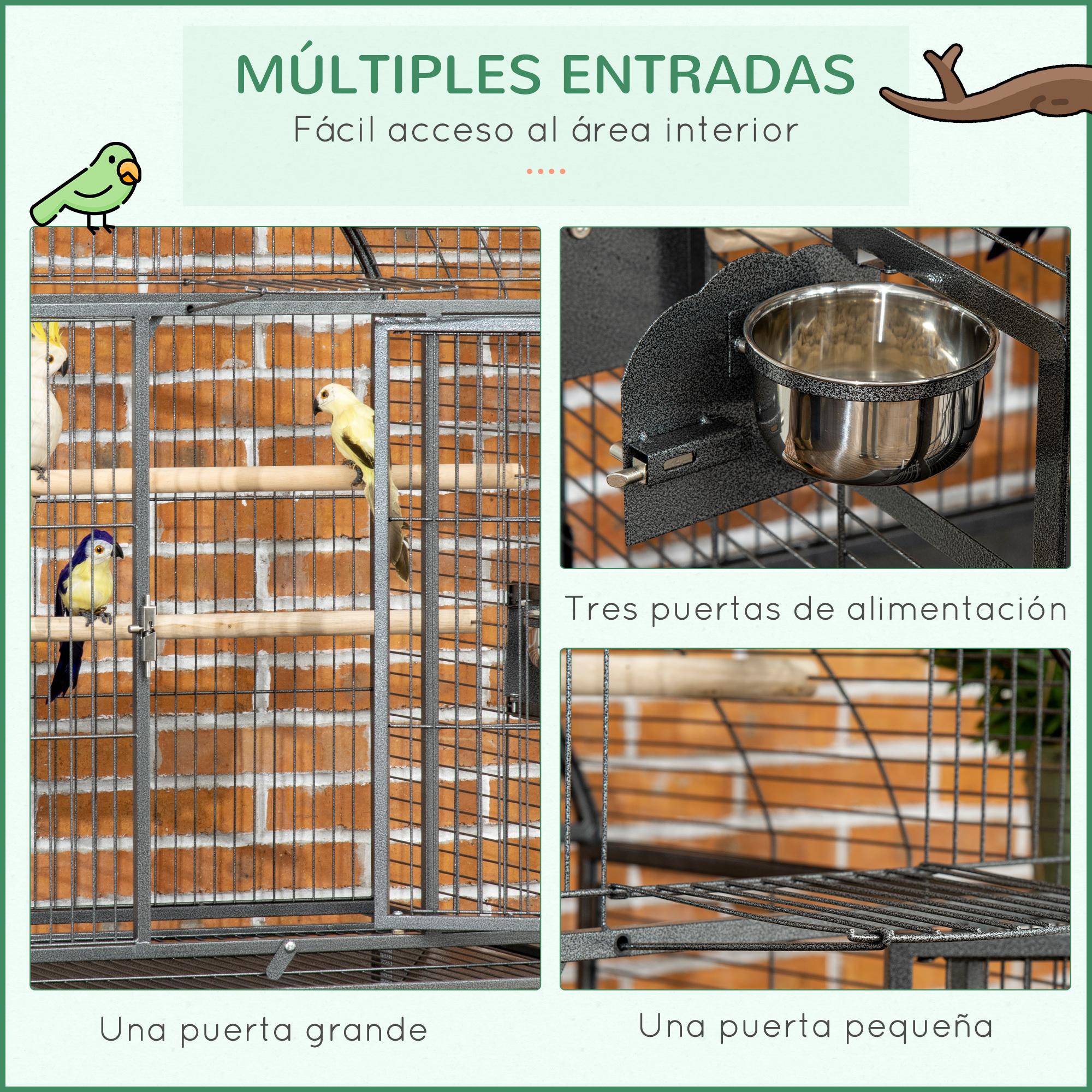 Jaula de Pájaros con Ruedas Pajarera Metálica 80x76,5x168 cm Jaula para Aves con 2 Puertas Techo Abatible Perchas Bandeja Extraíble 2 Comederos Gris Oscuro