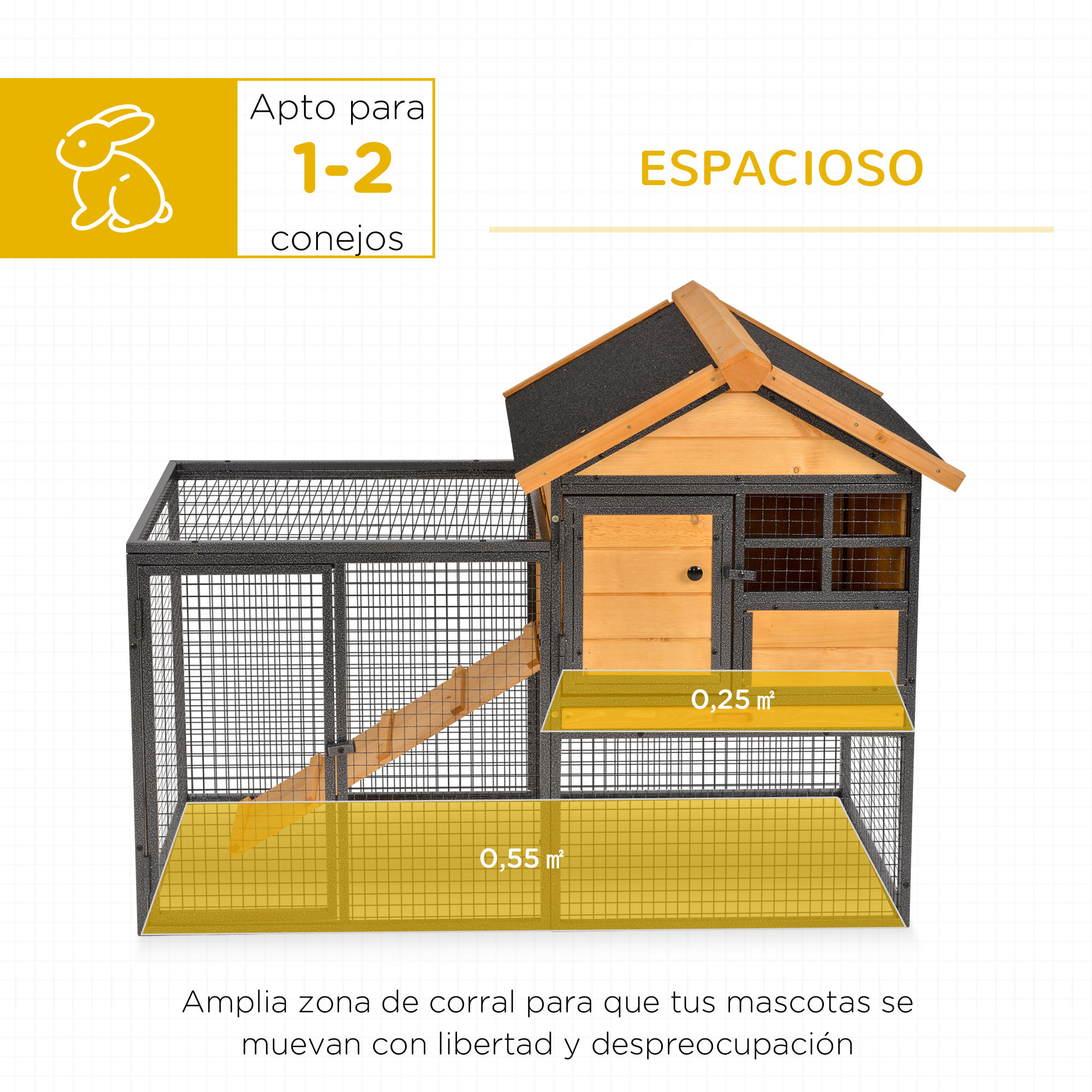 Conejera de Exterior Jaula para Mascotas Pequeñas 2 Niveles con Rampa Bandeja Extraíble de Madera y Metal 122x63x92 cm para Conejos Cobayas Madera y Gris