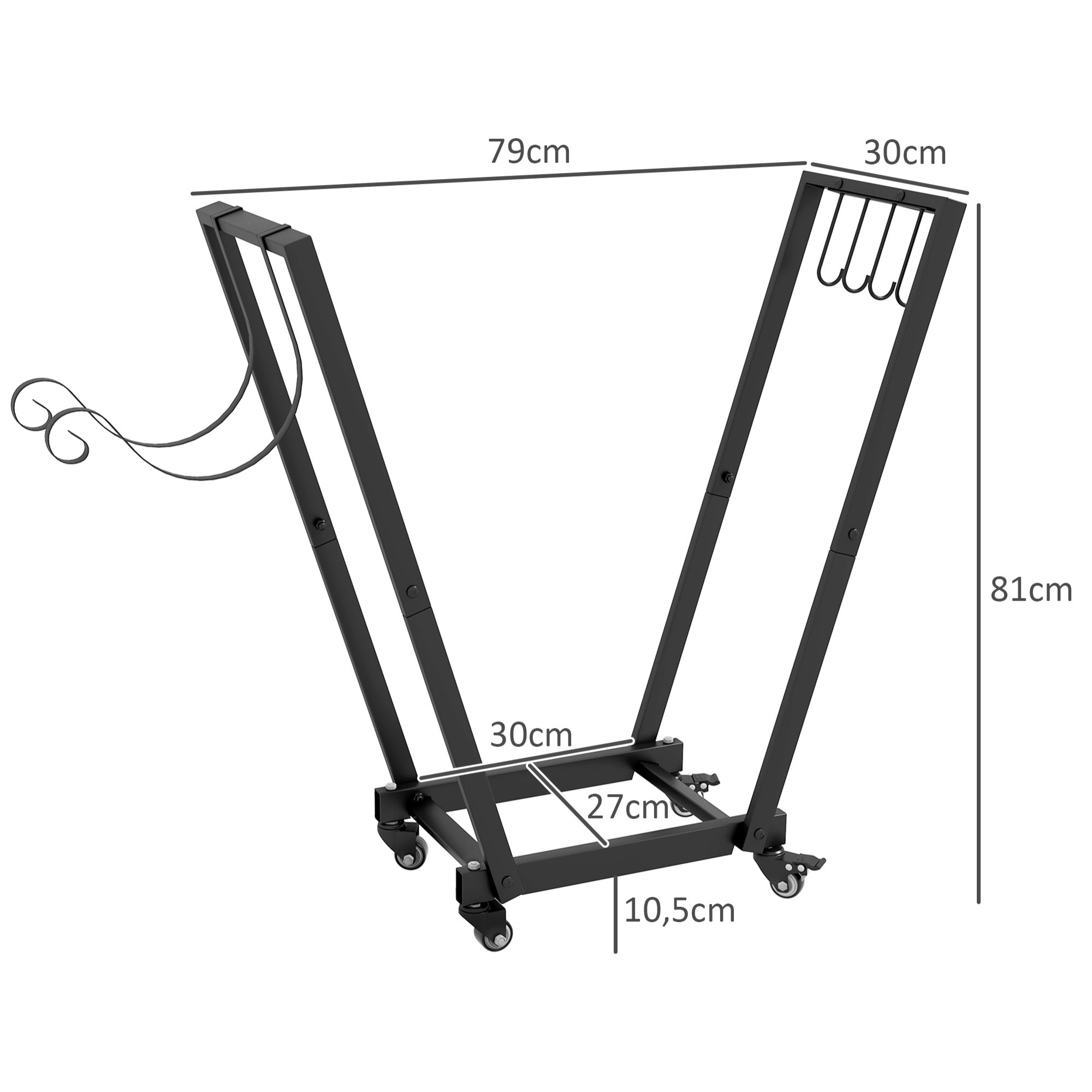 Soporte para Leña Estante de Leña Metálico Leñero de Exterior de Metal con Ruedas y Gancho para Interior y Exterior Carga 50 kg 79x30x81 cm Negro