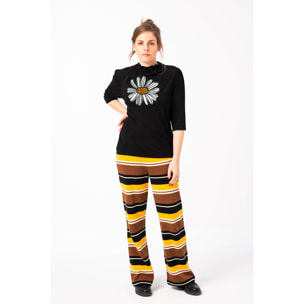 Mamatayoe Painting. Pantalón Largo Acampanado de Rayas para Mujer de Color Negro, Amarillo y Marrón. Pantalón Fluido con Cintura Elástica de Estilo Casual para Otoño Invierno.